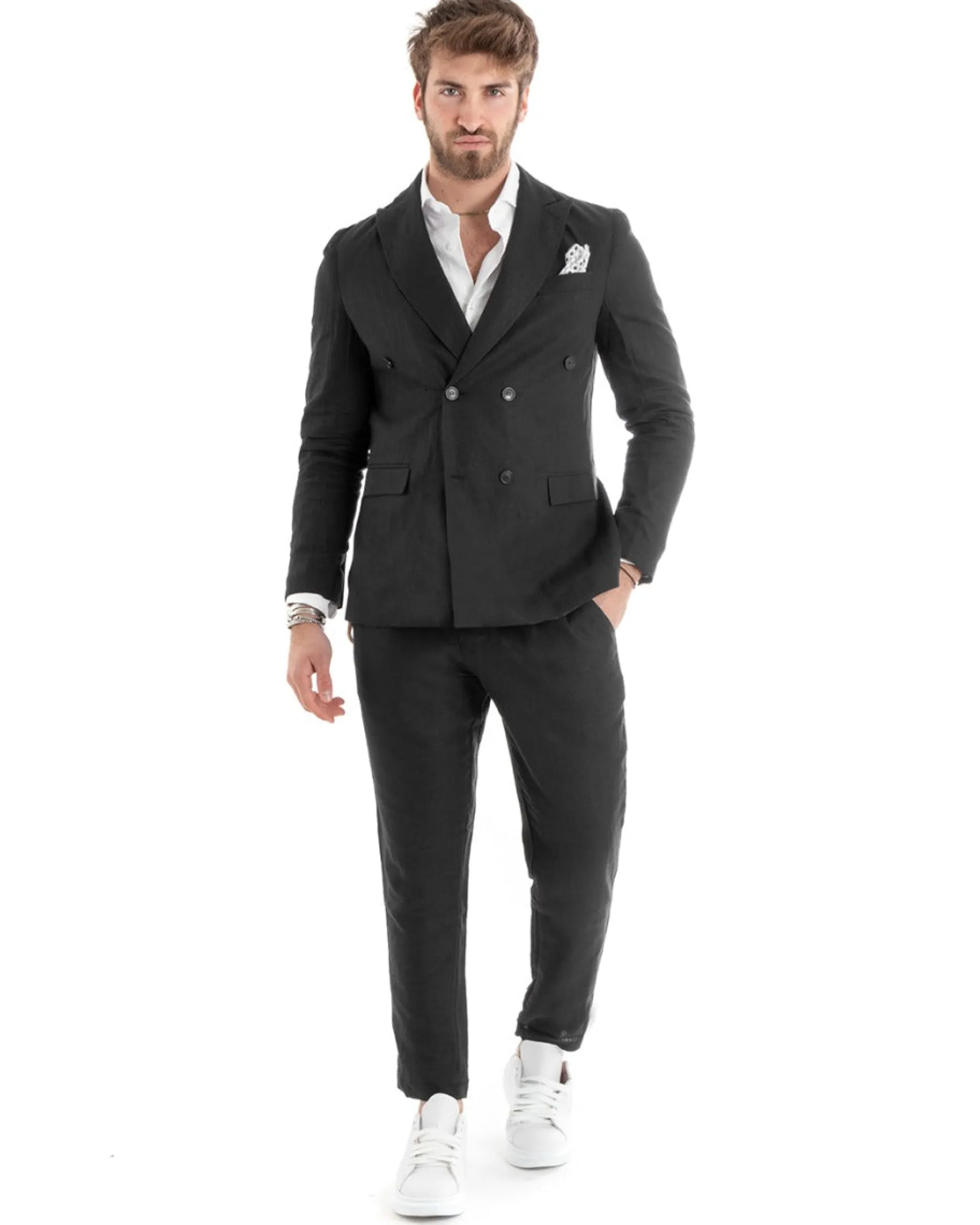 Abito uomo doppiopetto vestito sartoriale lino nero GIOSAL-OU2332A