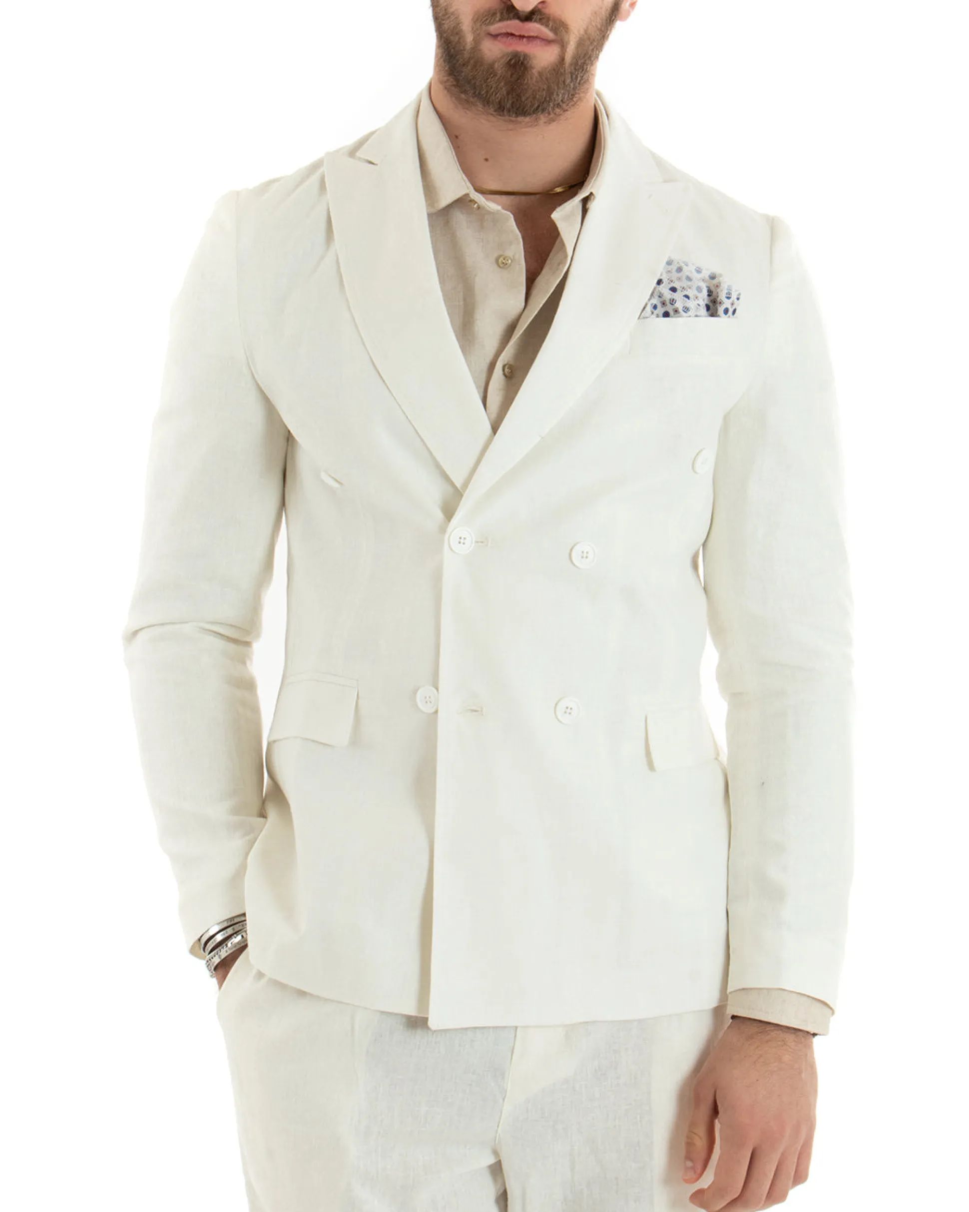 Abito uomo doppiopetto vestito sartoriale lino panna GIOSAL-OU2333A