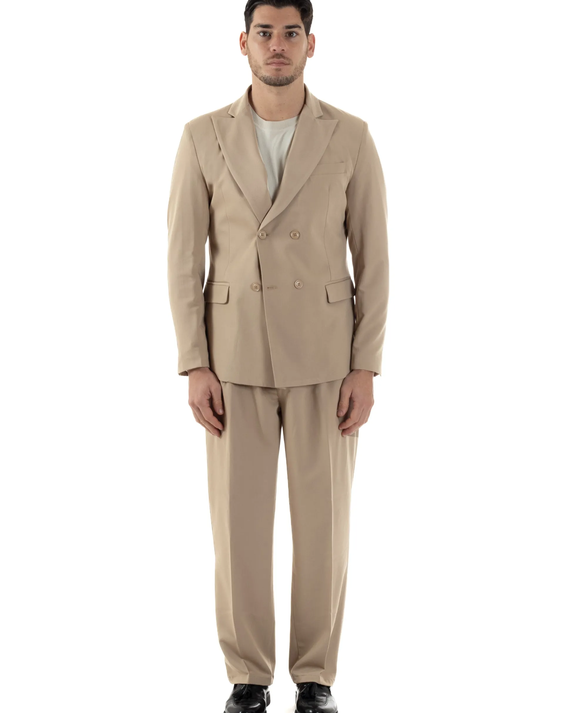 Abito Uomo Doppiopetto Viscosa Relaxed Fit Completo Giacca Rever A Lancia Pantaloni Pinces Fondo Largo Baggy Casual Beige GIOSAL-AE1121A