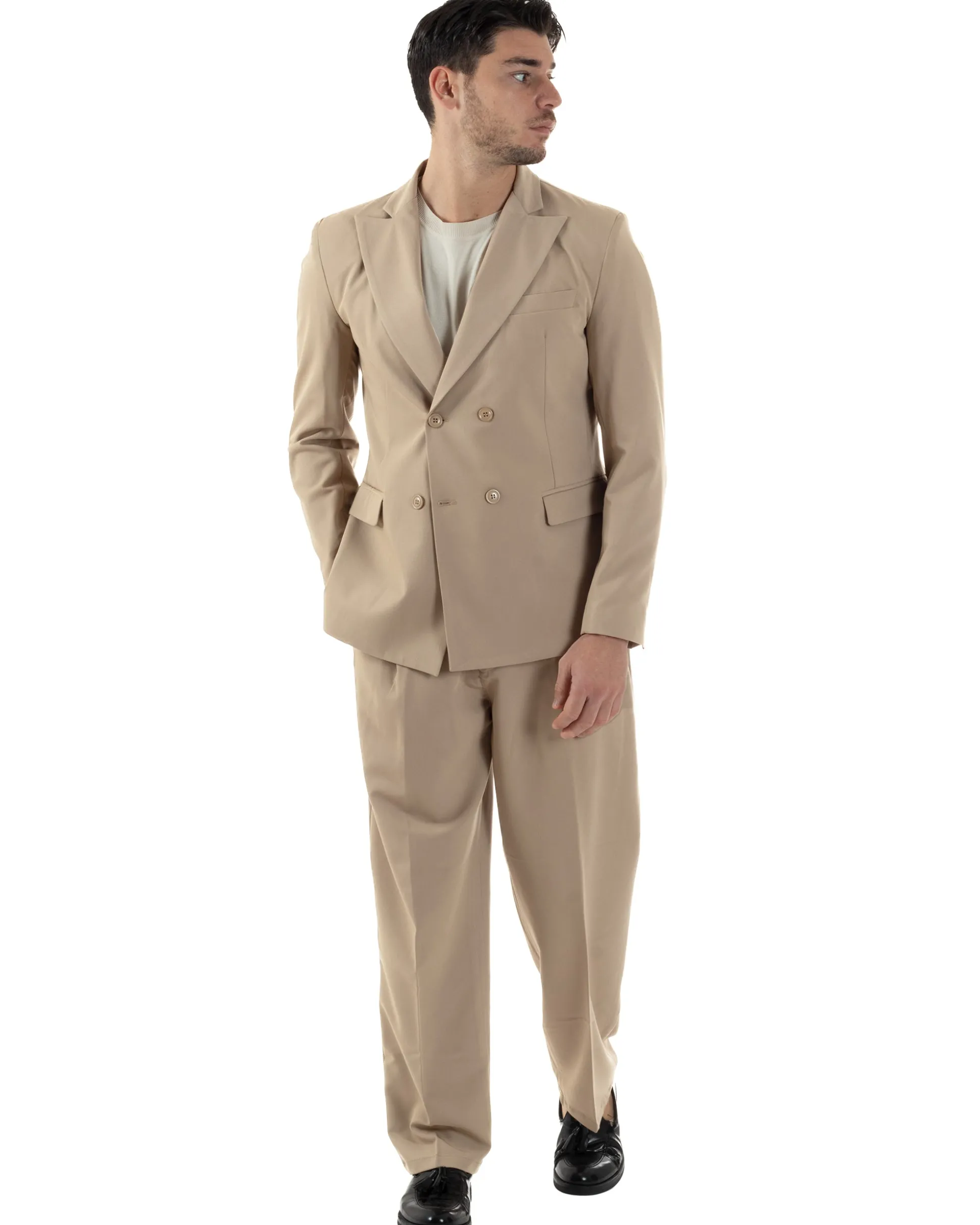Abito Uomo Doppiopetto Viscosa Relaxed Fit Completo Giacca Rever A Lancia Pantaloni Pinces Fondo Largo Baggy Casual Beige GIOSAL-AE1121A
