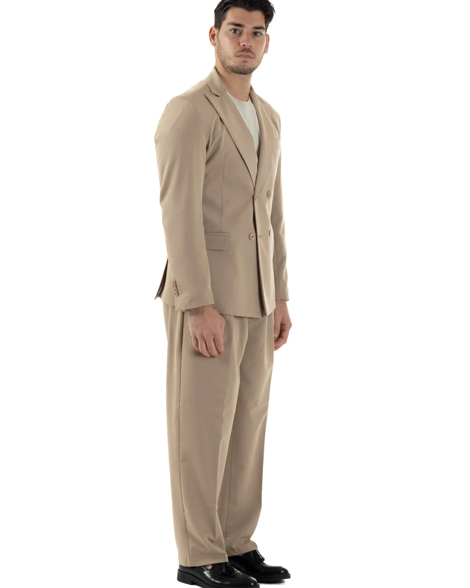 Abito Uomo Doppiopetto Viscosa Relaxed Fit Completo Giacca Rever A Lancia Pantaloni Pinces Fondo Largo Baggy Casual Beige GIOSAL-AE1121A