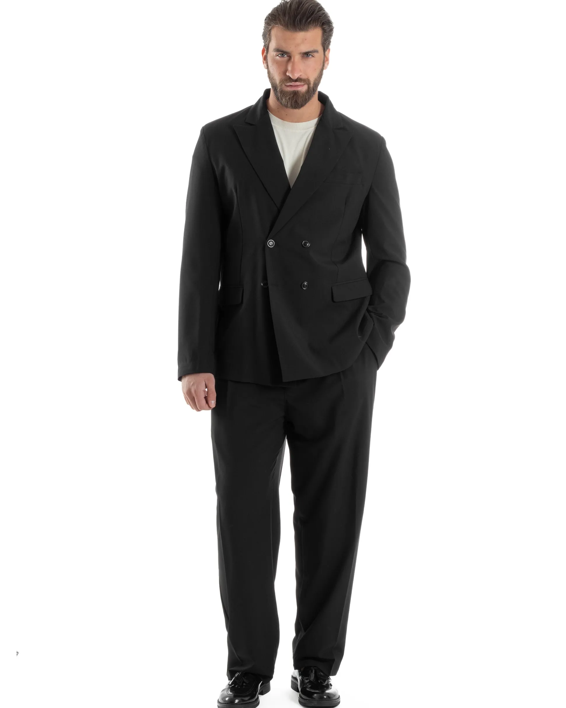 Abito Uomo Doppiopetto Viscosa Relaxed Fit Completo Giacca Rever A Lancia Pantaloni Pinces Fondo Largo Baggy Casual Nero GIOSAL-AE1120A