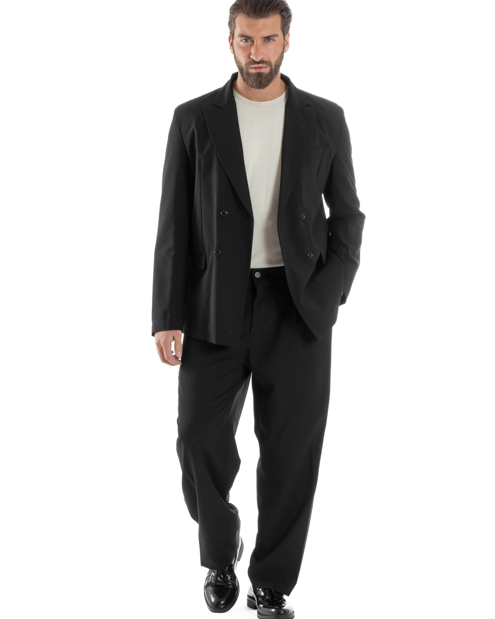 Abito Uomo Doppiopetto Viscosa Relaxed Fit Completo Giacca Rever A Lancia Pantaloni Pinces Fondo Largo Baggy Casual Nero GIOSAL-AE1120A