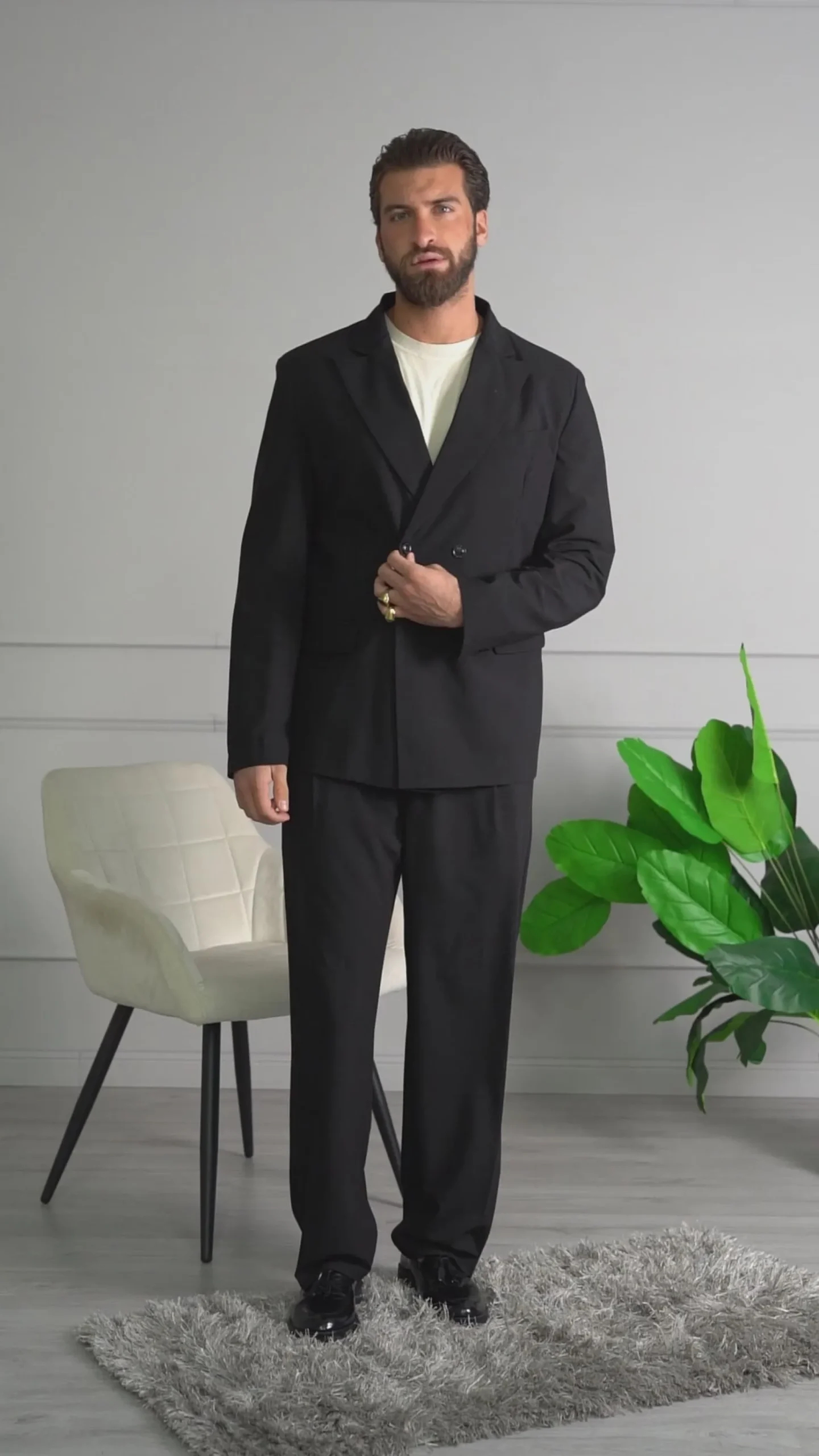 Abito Uomo Doppiopetto Viscosa Relaxed Fit Completo Giacca Rever A Lancia Pantaloni Pinces Fondo Largo Baggy Casual Nero GIOSAL-AE1120A