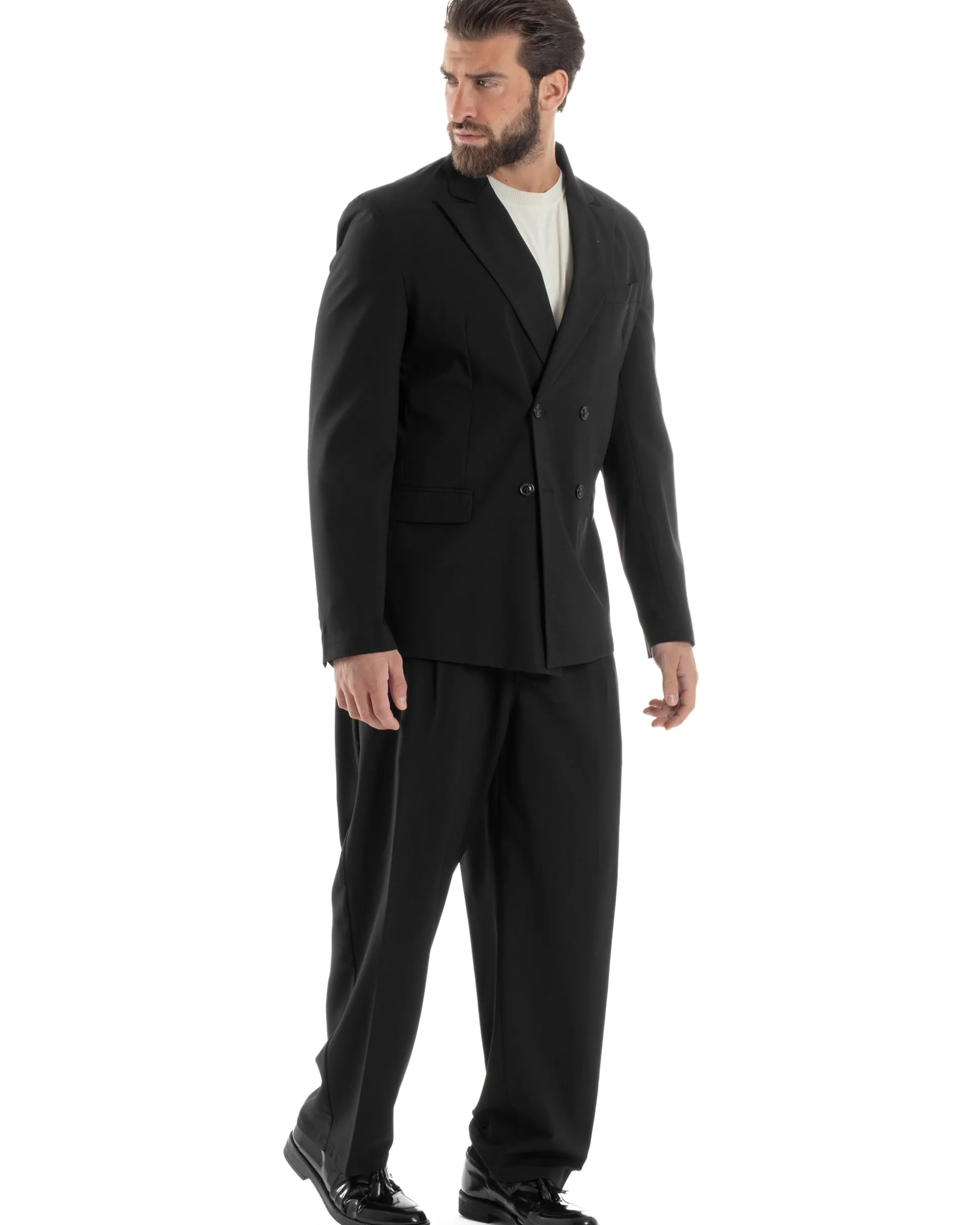 Abito Uomo Doppiopetto Viscosa Relaxed Fit Completo Giacca Rever A Lancia Pantaloni Pinces Fondo Largo Baggy Casual Nero GIOSAL-AE1120A