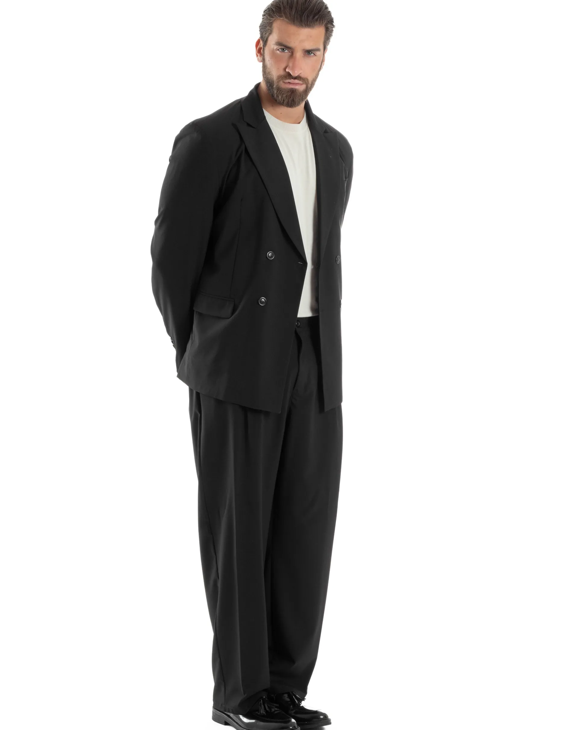 Abito Uomo Doppiopetto Viscosa Relaxed Fit Completo Giacca Rever A Lancia Pantaloni Pinces Fondo Largo Baggy Casual Nero GIOSAL-AE1120A