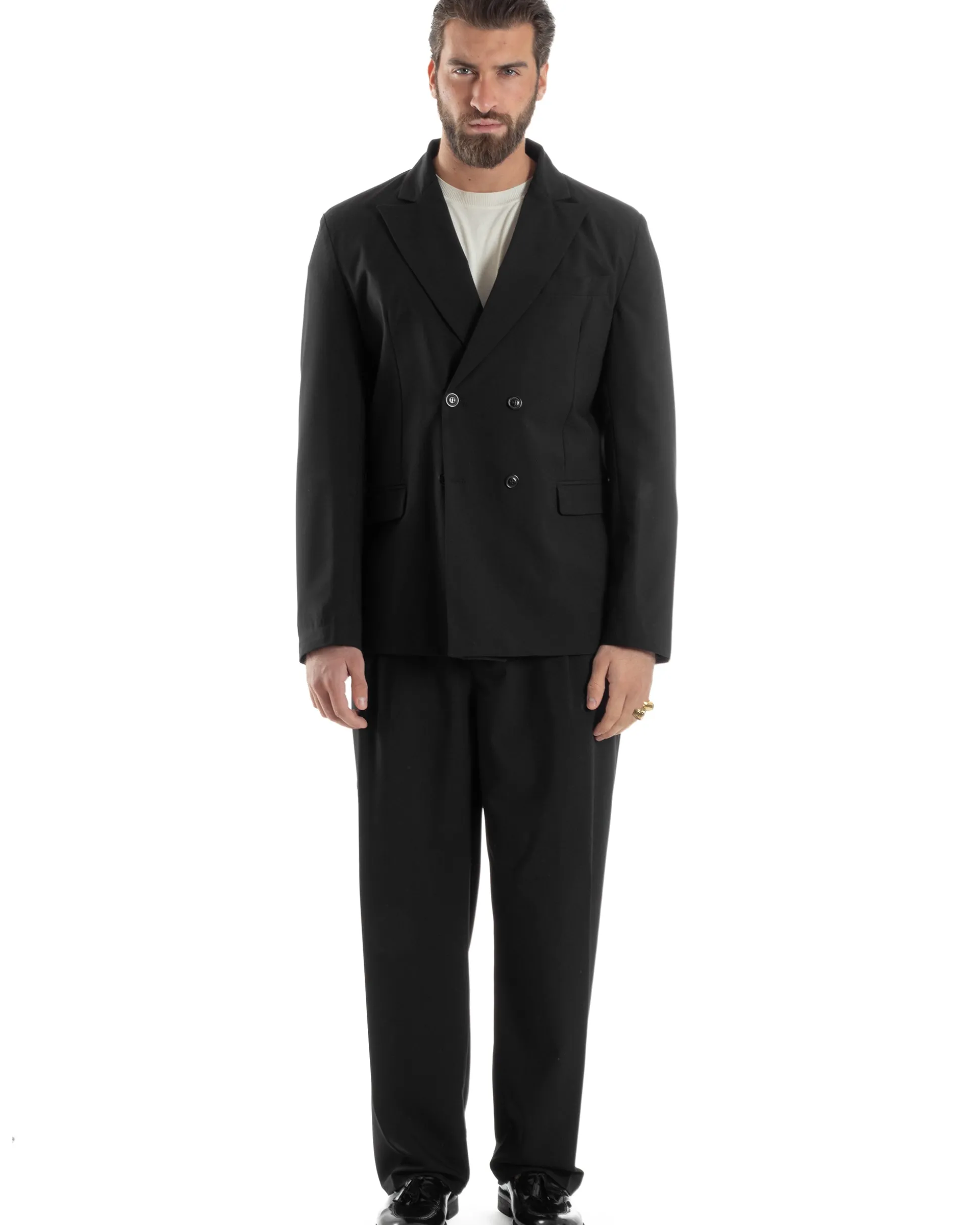 Abito Uomo Doppiopetto Viscosa Relaxed Fit Completo Giacca Rever A Lancia Pantaloni Pinces Fondo Largo Baggy Casual Nero GIOSAL-AE1120A