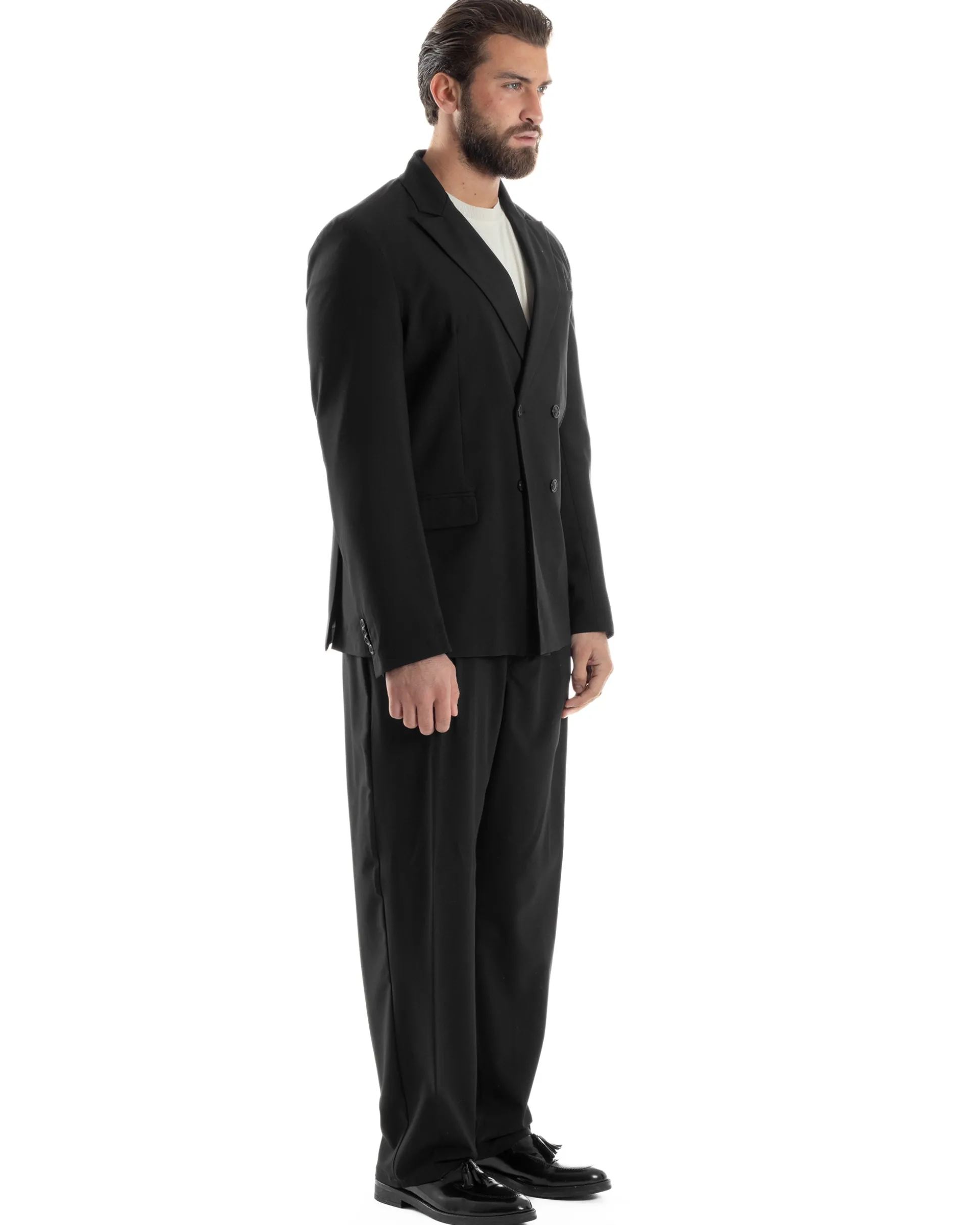 Abito Uomo Doppiopetto Viscosa Relaxed Fit Completo Giacca Rever A Lancia Pantaloni Pinces Fondo Largo Baggy Casual Nero GIOSAL-AE1120A