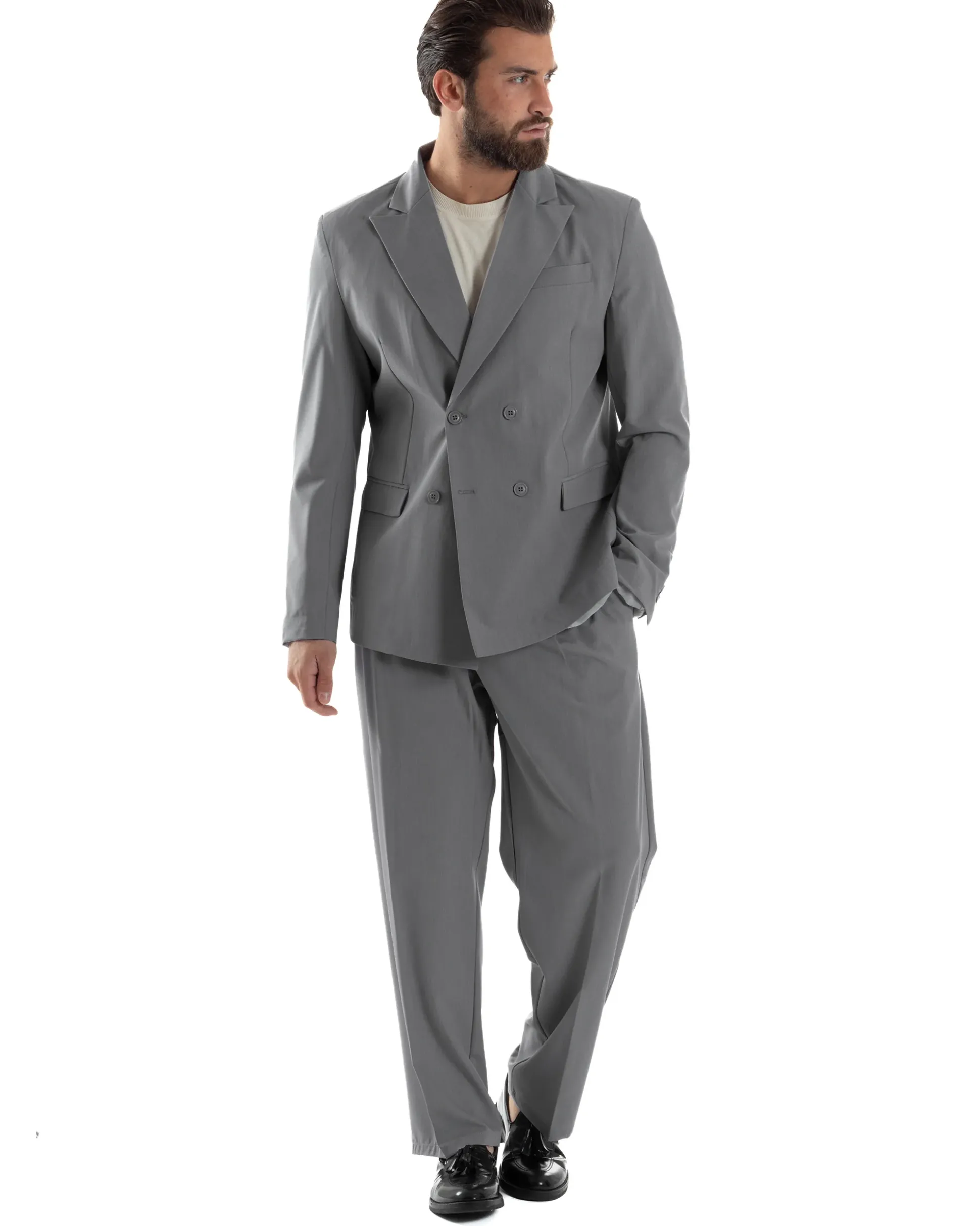 Abito Uomo Doppiopetto Viscosa Relaxed Fit Completo Giacca Rever A Lancia Pantaloni Pinces Fondo Largo Baggy Casual Grigio GIOSAL-AE1119A