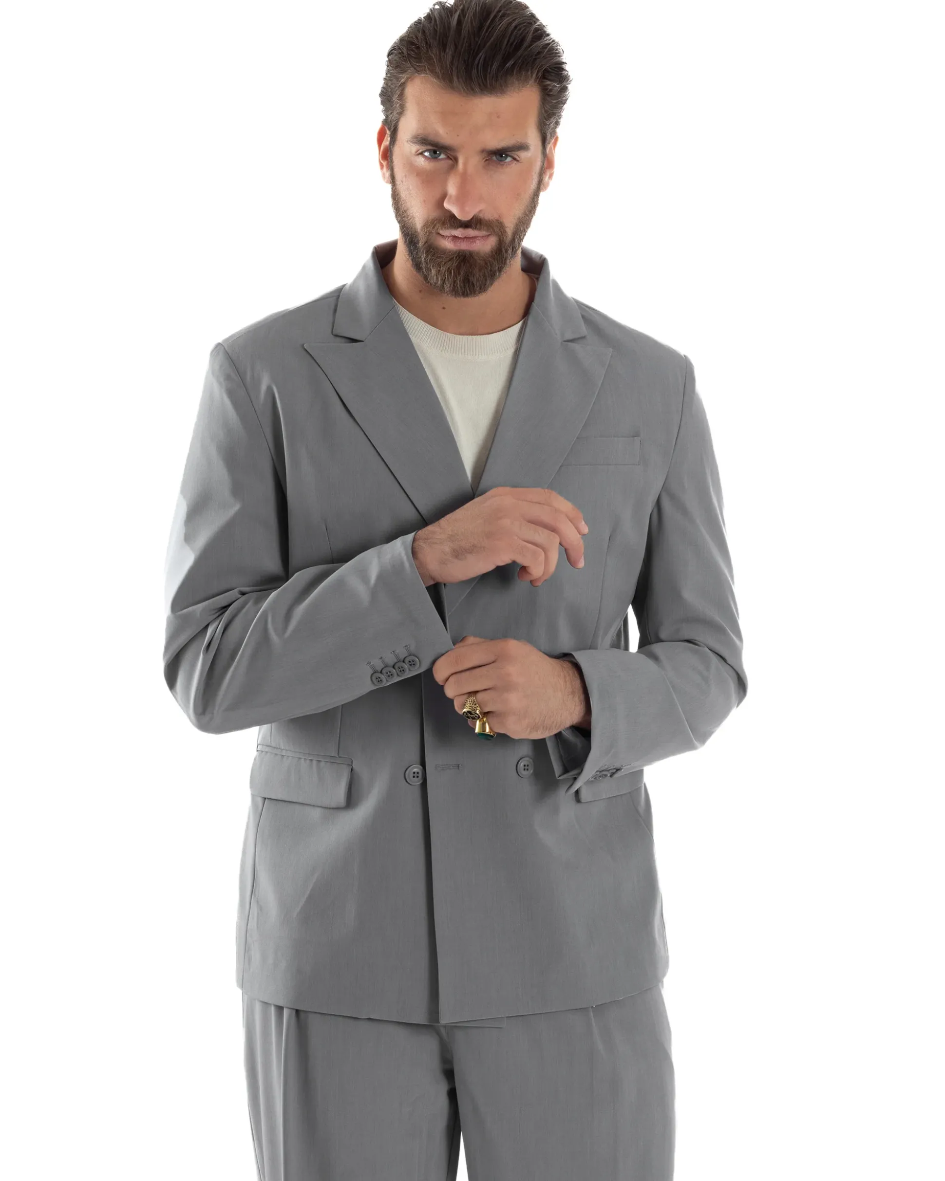 Abito Uomo Doppiopetto Viscosa Relaxed Fit Completo Giacca Rever A Lancia Pantaloni Pinces Fondo Largo Baggy Casual Grigio GIOSAL-AE1119A