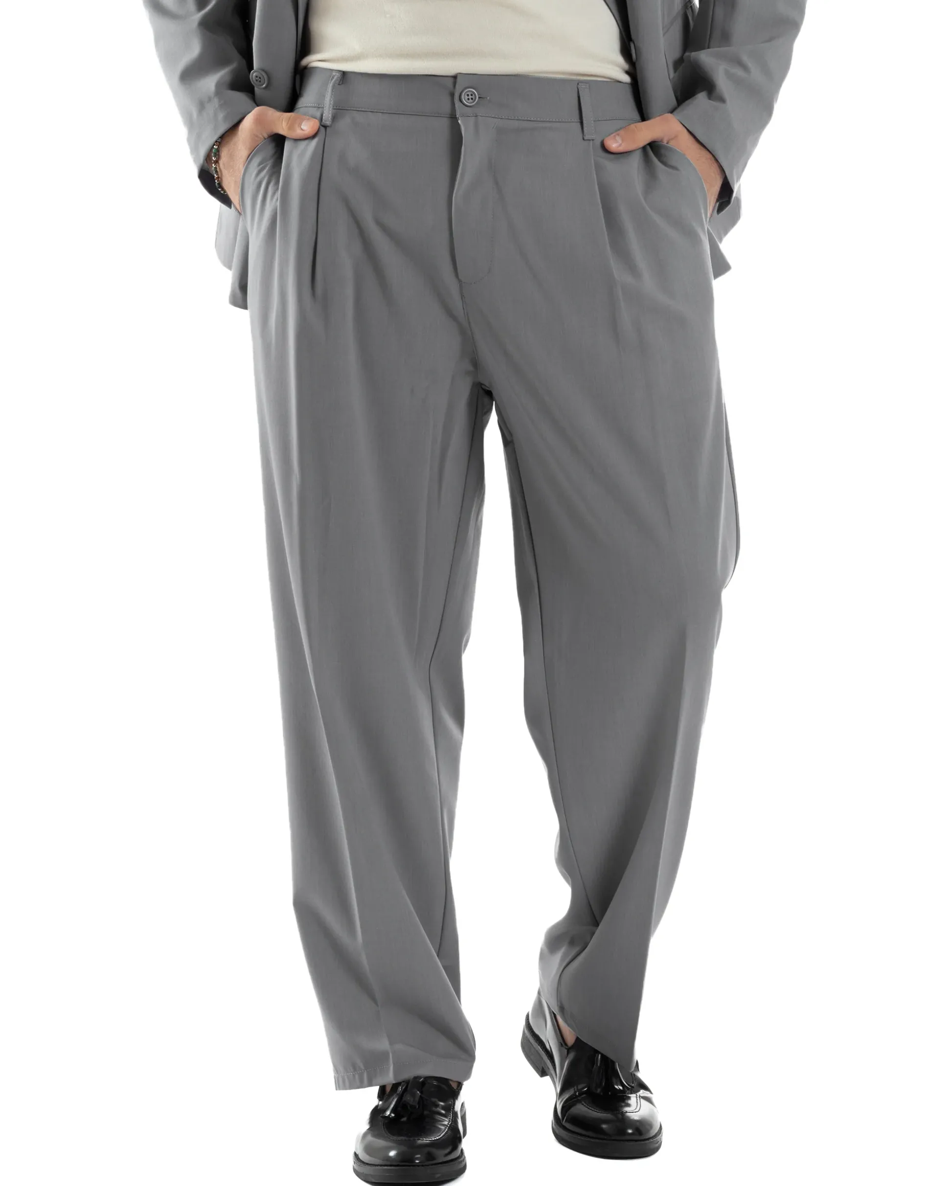 Abito Uomo Doppiopetto Viscosa Relaxed Fit Completo Giacca Rever A Lancia Pantaloni Pinces Fondo Largo Baggy Casual Grigio GIOSAL-AE1119A