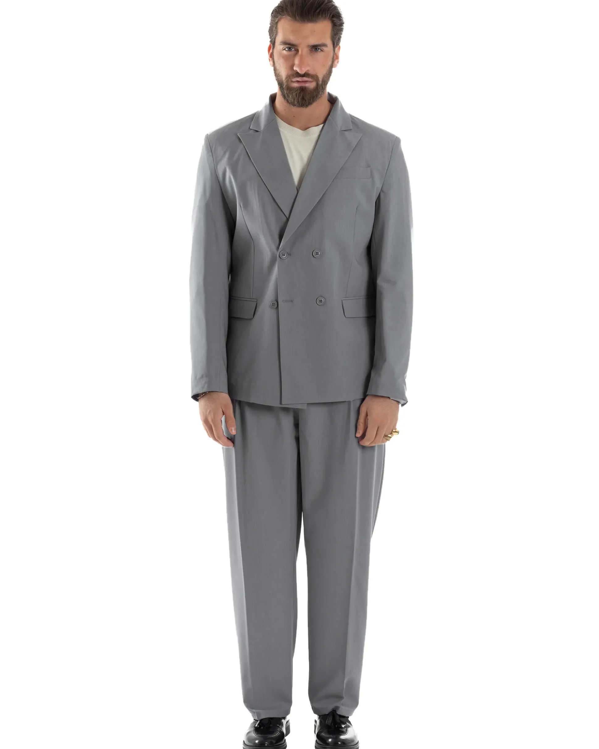 Abito Uomo Doppiopetto Viscosa Relaxed Fit Completo Giacca Rever A Lancia Pantaloni Pinces Fondo Largo Baggy Casual Grigio GIOSAL-AE1119A