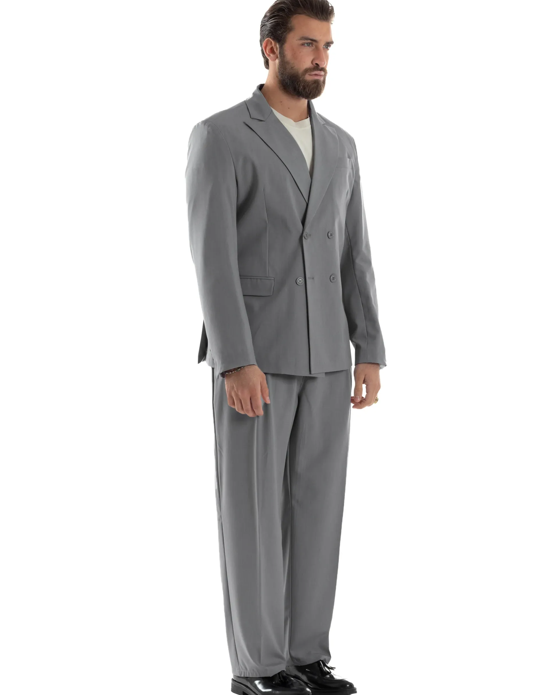 Abito Uomo Doppiopetto Viscosa Relaxed Fit Completo Giacca Rever A Lancia Pantaloni Pinces Fondo Largo Baggy Casual Grigio GIOSAL-AE1119A