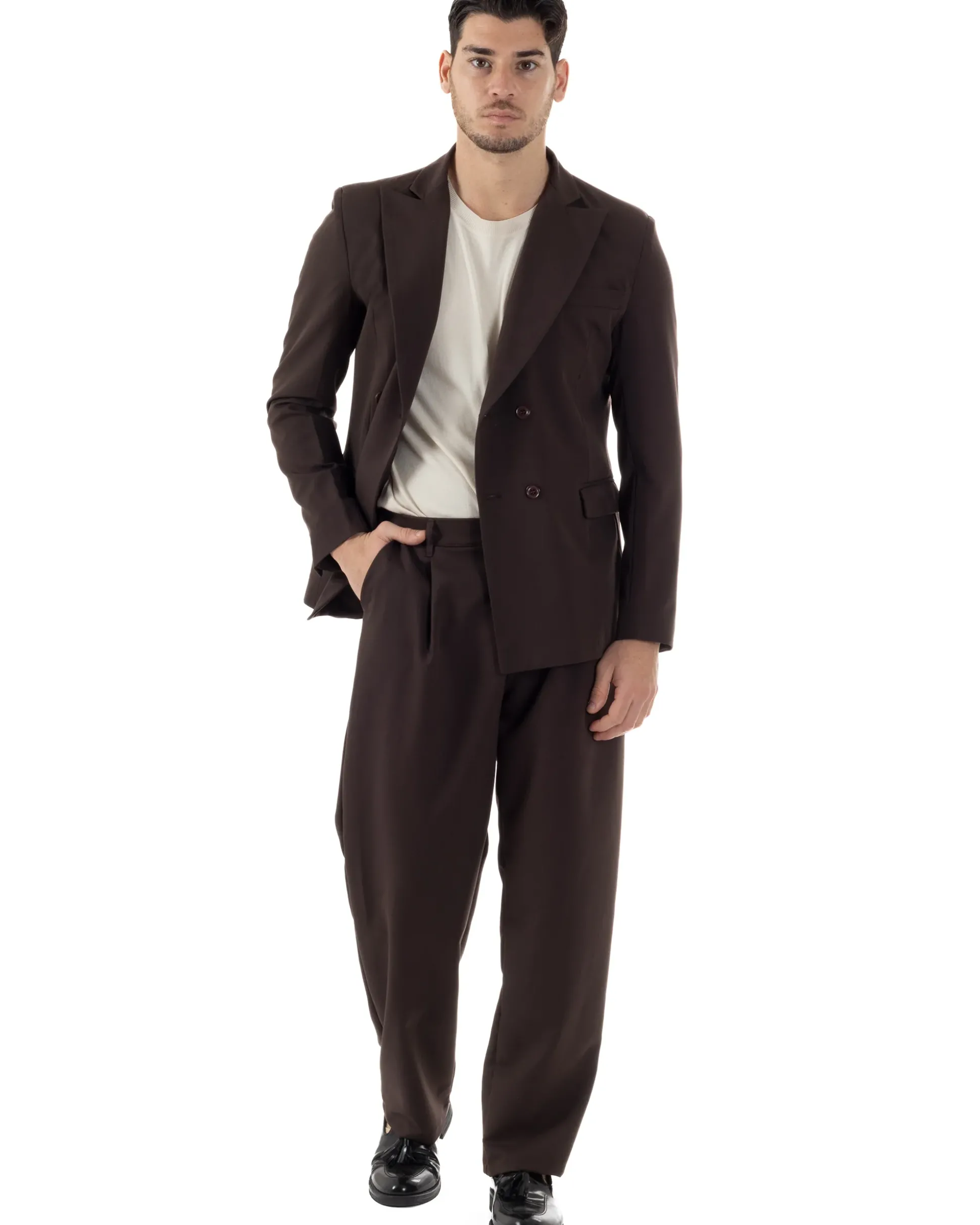 Abito Uomo Doppiopetto Viscosa Relaxed Fit Completo Giacca Rever A Lancia Pantaloni Pinces Fondo Largo Baggy Casual Moro GIOSAL-AE1123A