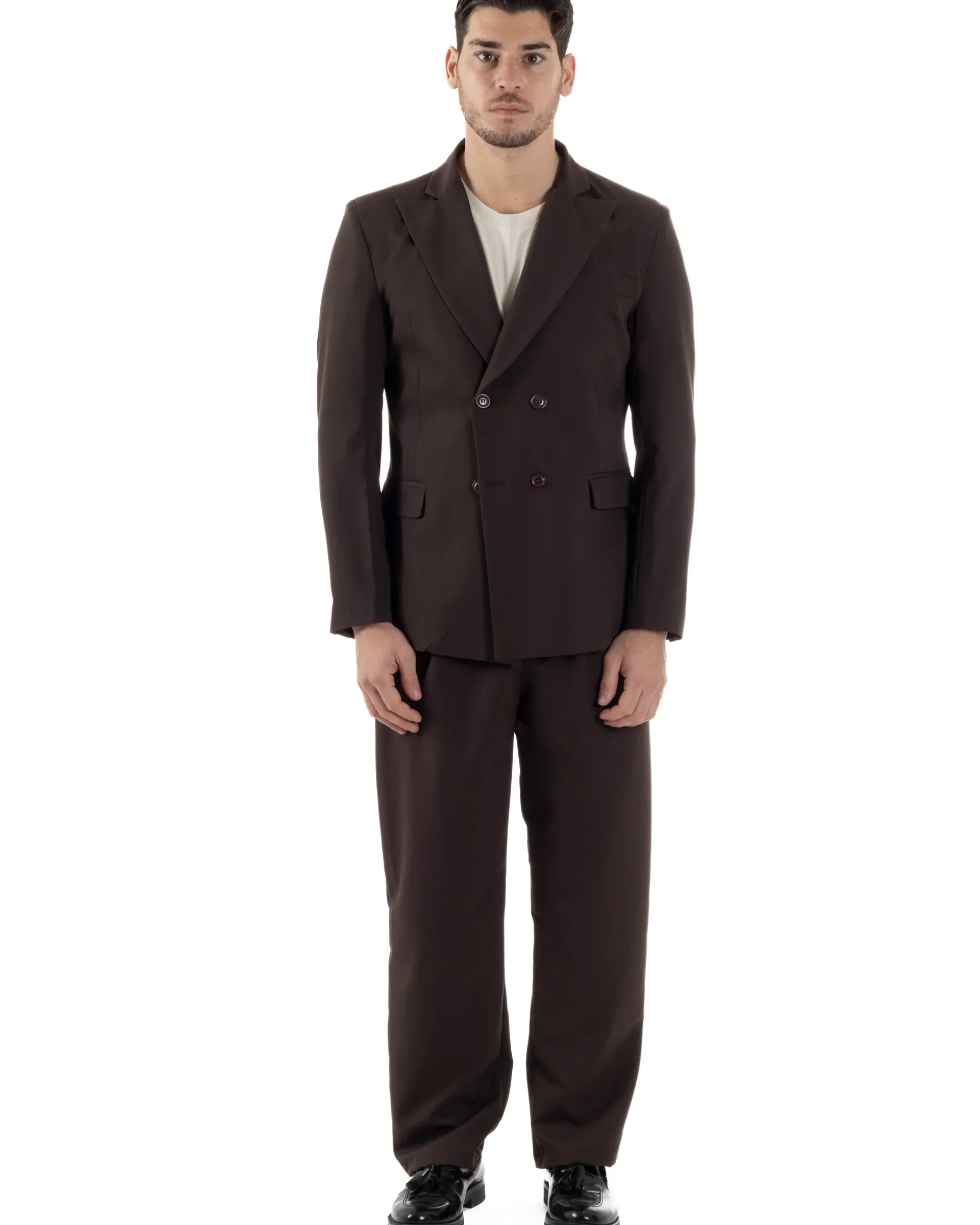 Abito Uomo Doppiopetto Viscosa Relaxed Fit Completo Giacca Rever A Lancia Pantaloni Pinces Fondo Largo Baggy Casual Moro GIOSAL-AE1123A