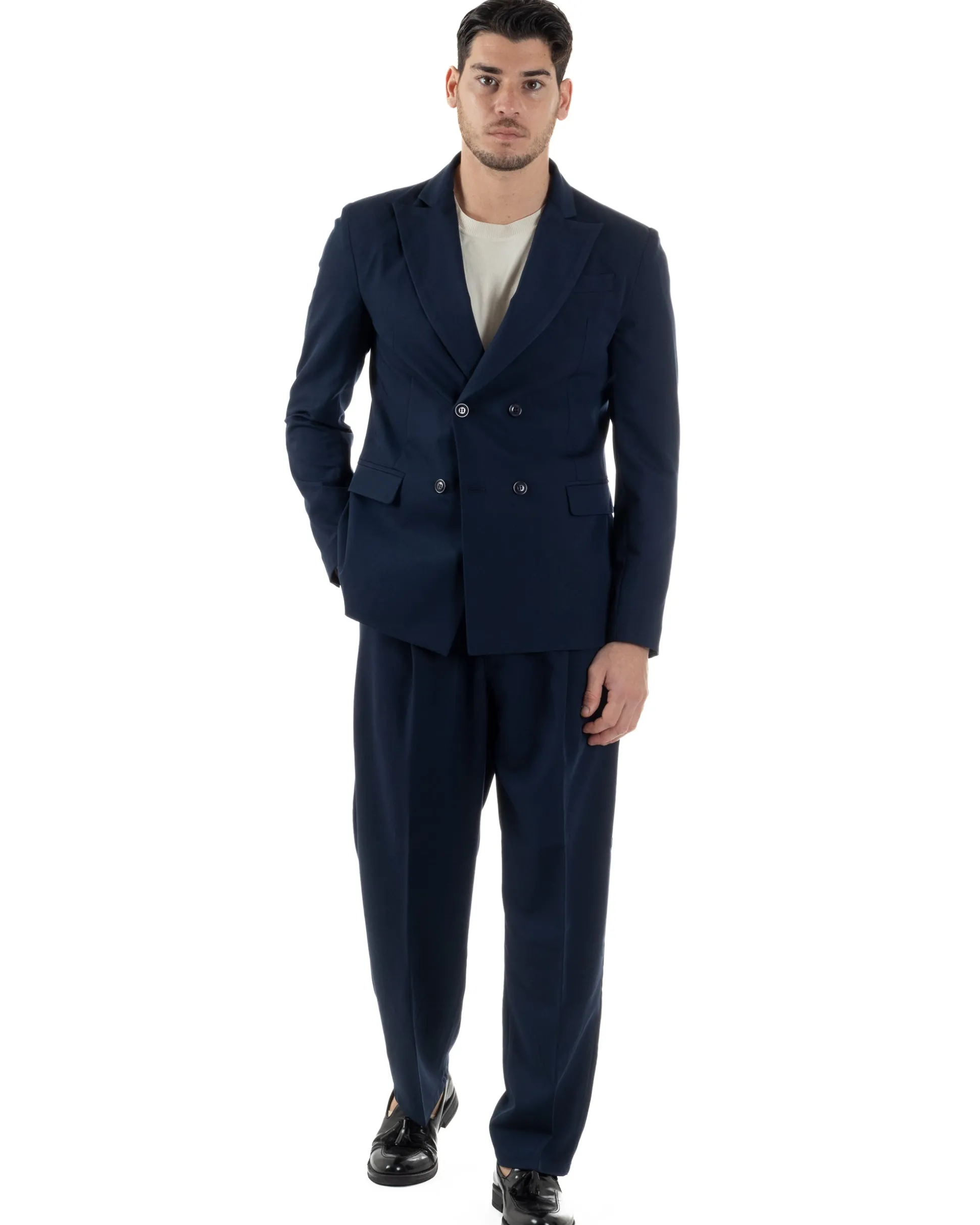 Abito Uomo Doppiopetto Viscosa Relaxed Fit Completo Giacca Rever A Lancia Pantaloni Pinces Fondo Largo Baggy Casual Blu GIOSAL-AE1122A