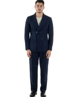 Abito Uomo Doppiopetto Viscosa Relaxed Fit Completo Giacca Rever A Lancia Pantaloni Pinces Fondo Largo Baggy Casual Blu GIOSAL-AE1122A
