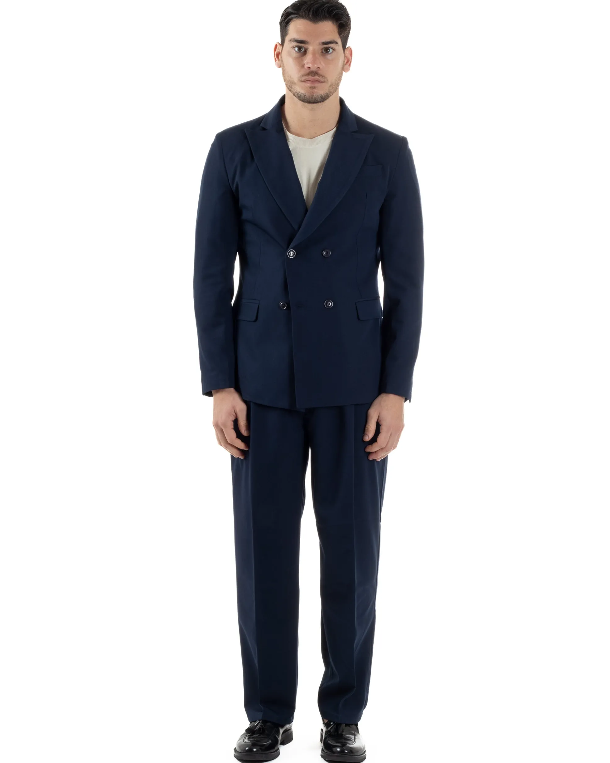 Abito Uomo Doppiopetto Viscosa Relaxed Fit Completo Giacca Rever A Lancia Pantaloni Pinces Fondo Largo Baggy Casual Blu GIOSAL-AE1122A