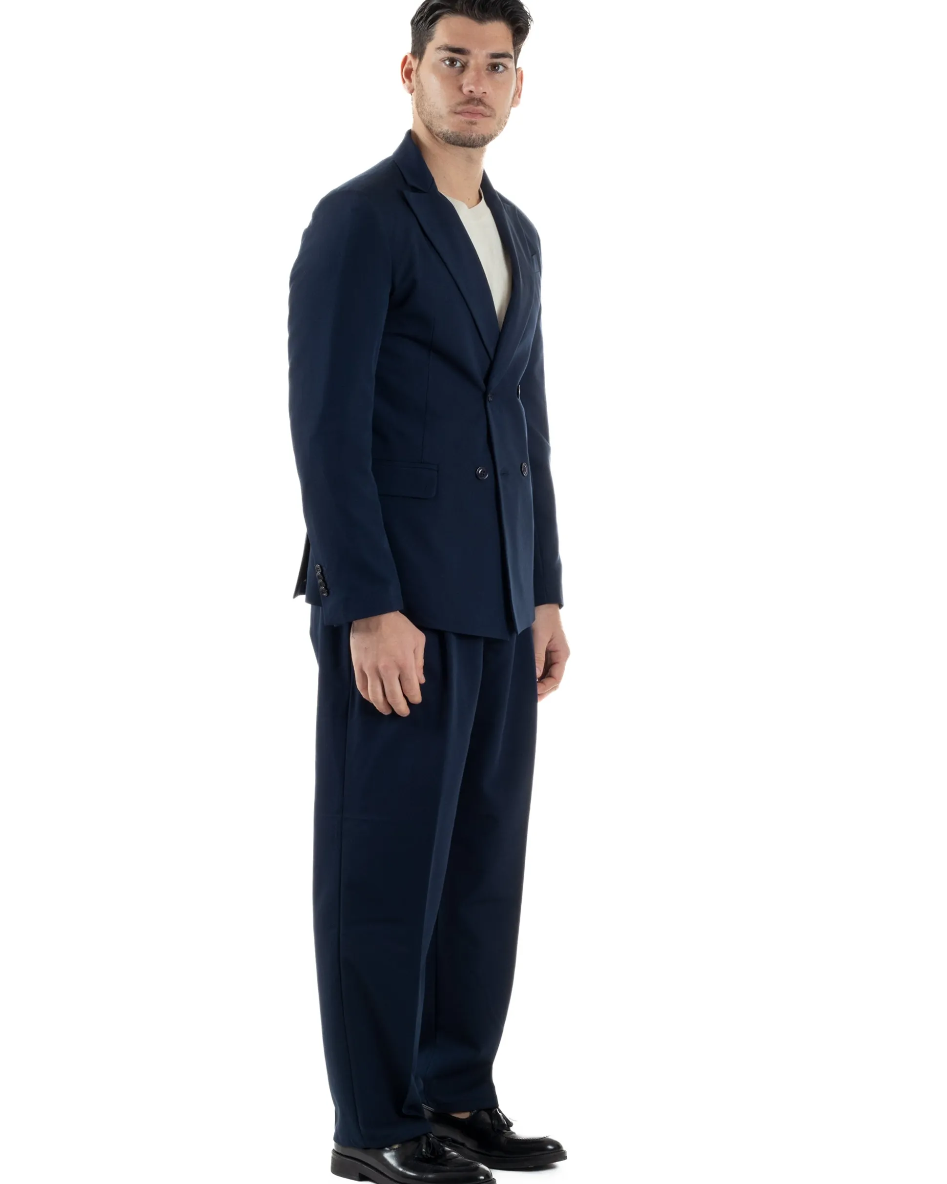 Abito Uomo Doppiopetto Viscosa Relaxed Fit Completo Giacca Rever A Lancia Pantaloni Pinces Fondo Largo Baggy Casual Blu GIOSAL-AE1122A