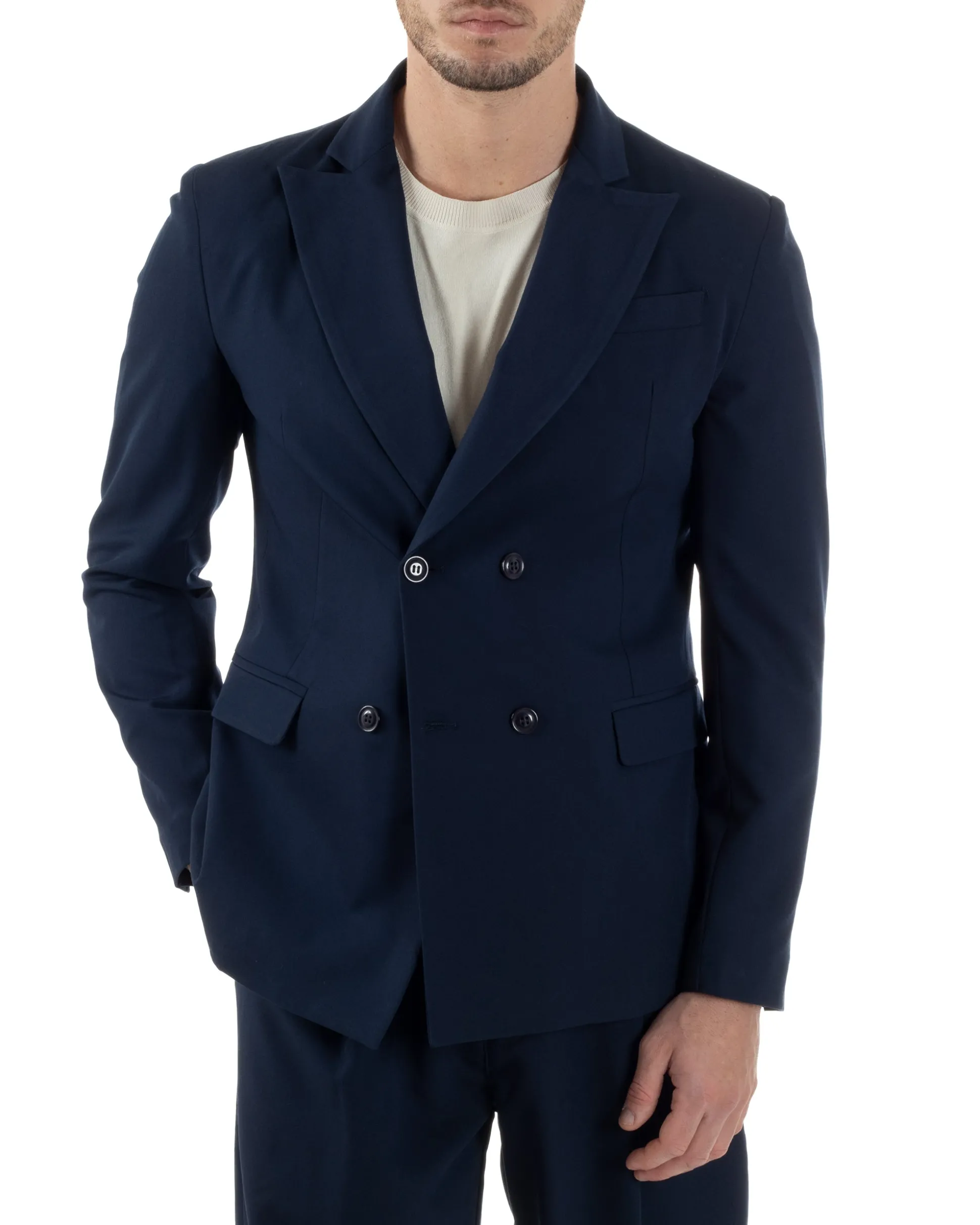 Abito Uomo Doppiopetto Viscosa Relaxed Fit Completo Giacca Rever A Lancia Pantaloni Pinces Fondo Largo Baggy Casual Blu GIOSAL-AE1122A