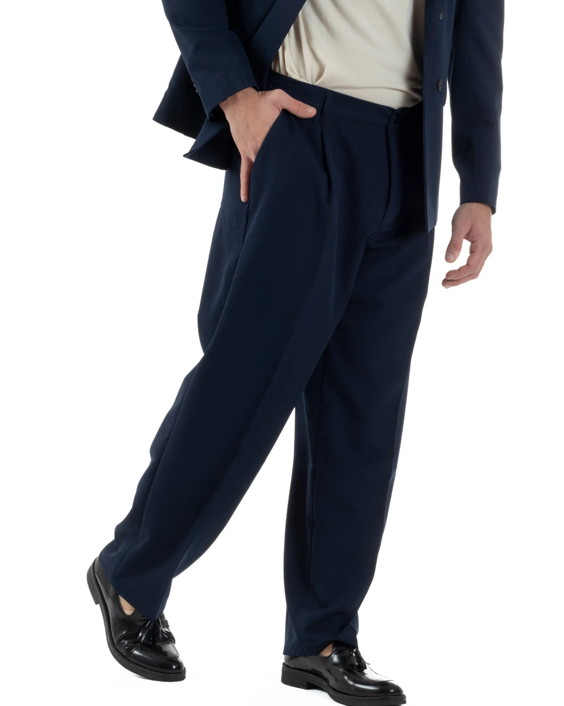 Abito Uomo Doppiopetto Viscosa Relaxed Fit Completo Giacca Rever A Lancia Pantaloni Pinces Fondo Largo Baggy Casual Blu GIOSAL-AE1122A