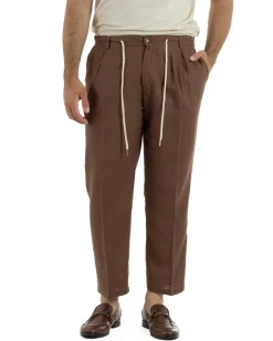 Abito uomo lino vestito giacca doppiopetto 2 bottoni scollo v pantaloni laccio marrone GIOSAL-OU2558A