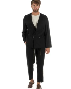 Abito uomo lino vestito giacca doppiopetto 2 bottoni scollo v pantaloni laccio nero GIOSAL-OU2521A