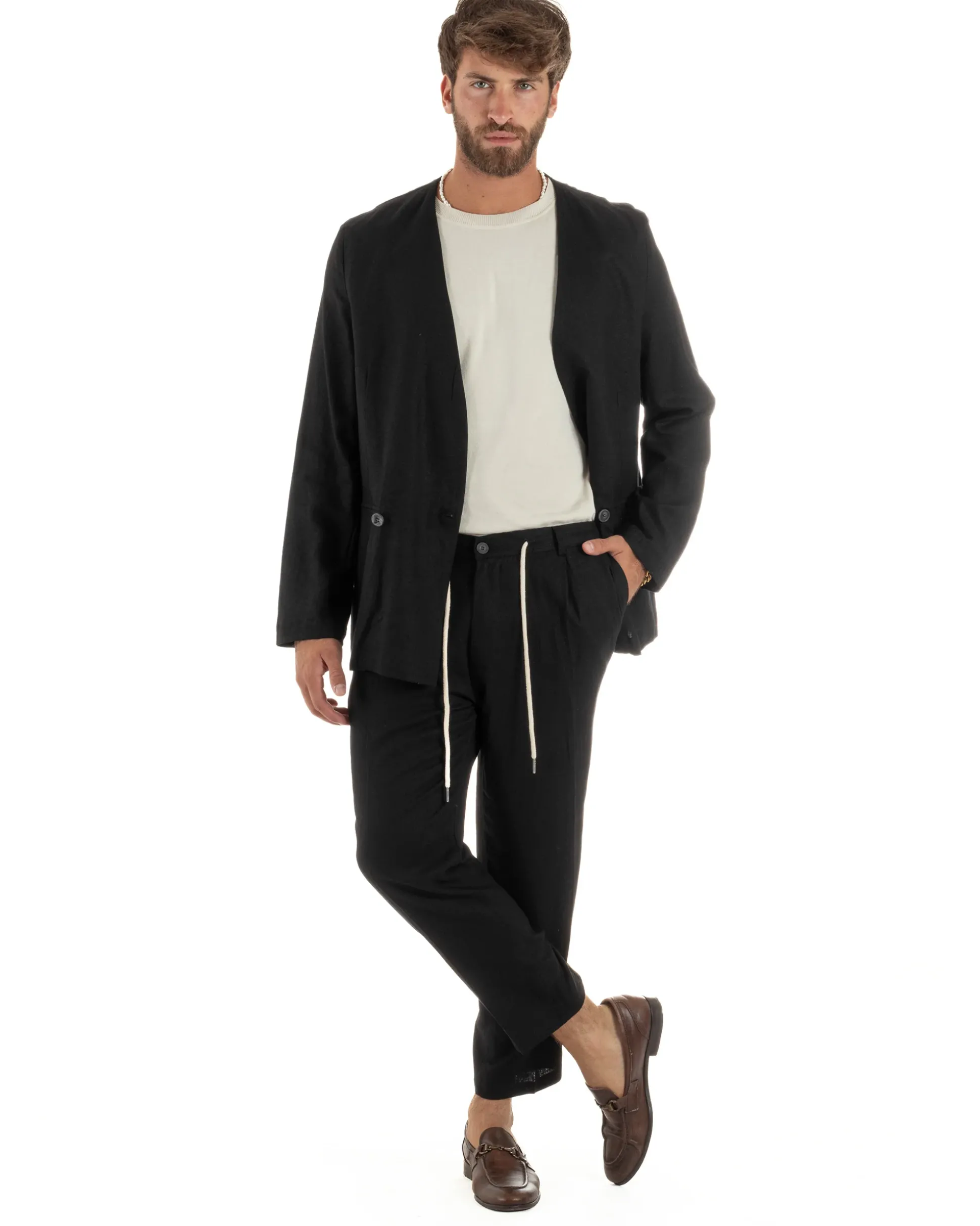 Abito uomo lino vestito giacca doppiopetto 2 bottoni scollo v pantaloni laccio nero GIOSAL-OU2521A