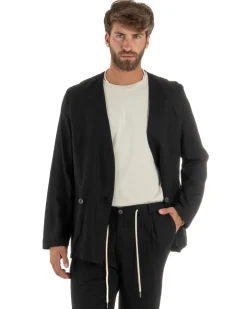 Abito uomo lino vestito giacca doppiopetto 2 bottoni scollo v pantaloni laccio nero GIOSAL-OU2521A