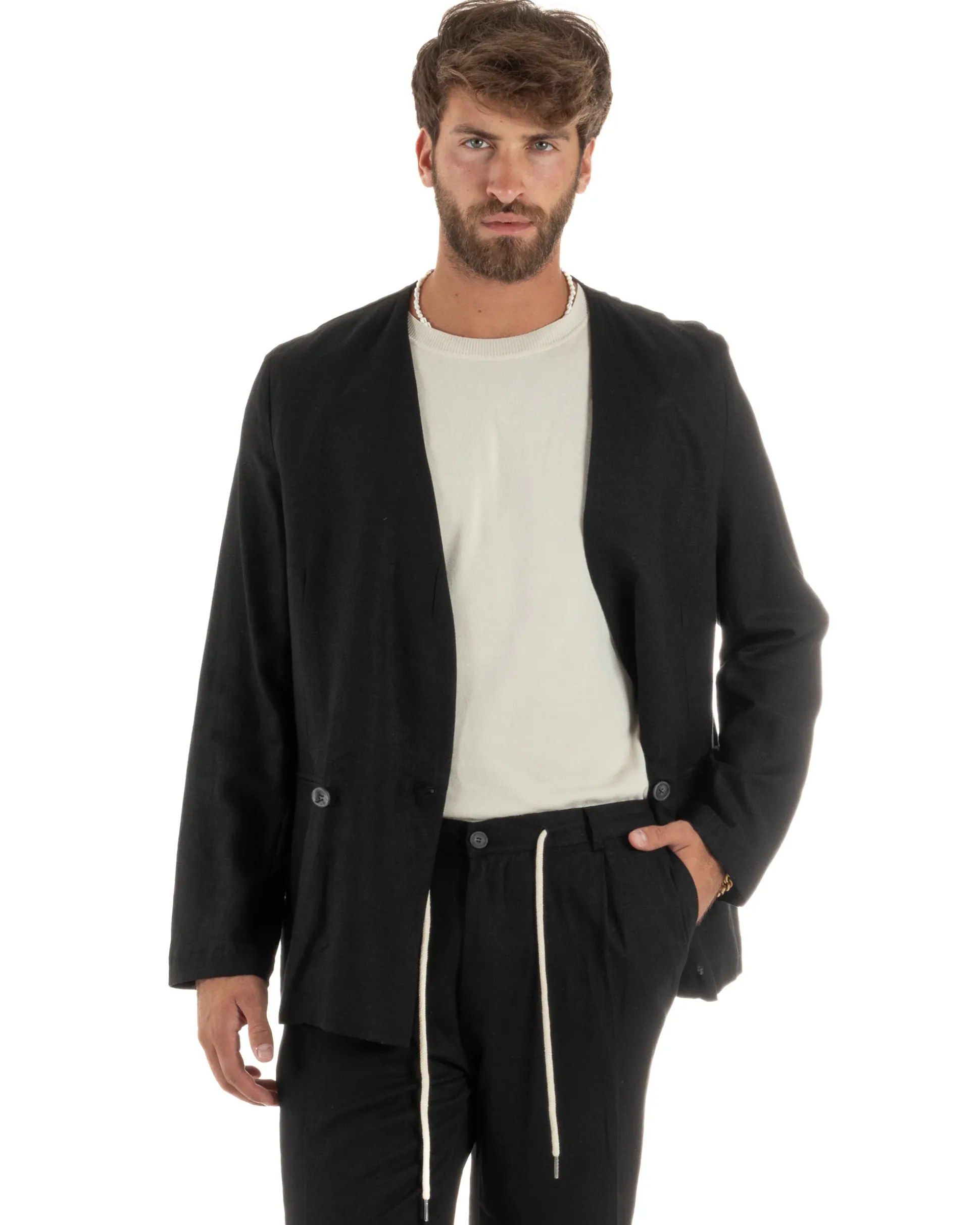 Abito uomo lino vestito giacca doppiopetto 2 bottoni scollo v pantaloni laccio nero GIOSAL-OU2521A