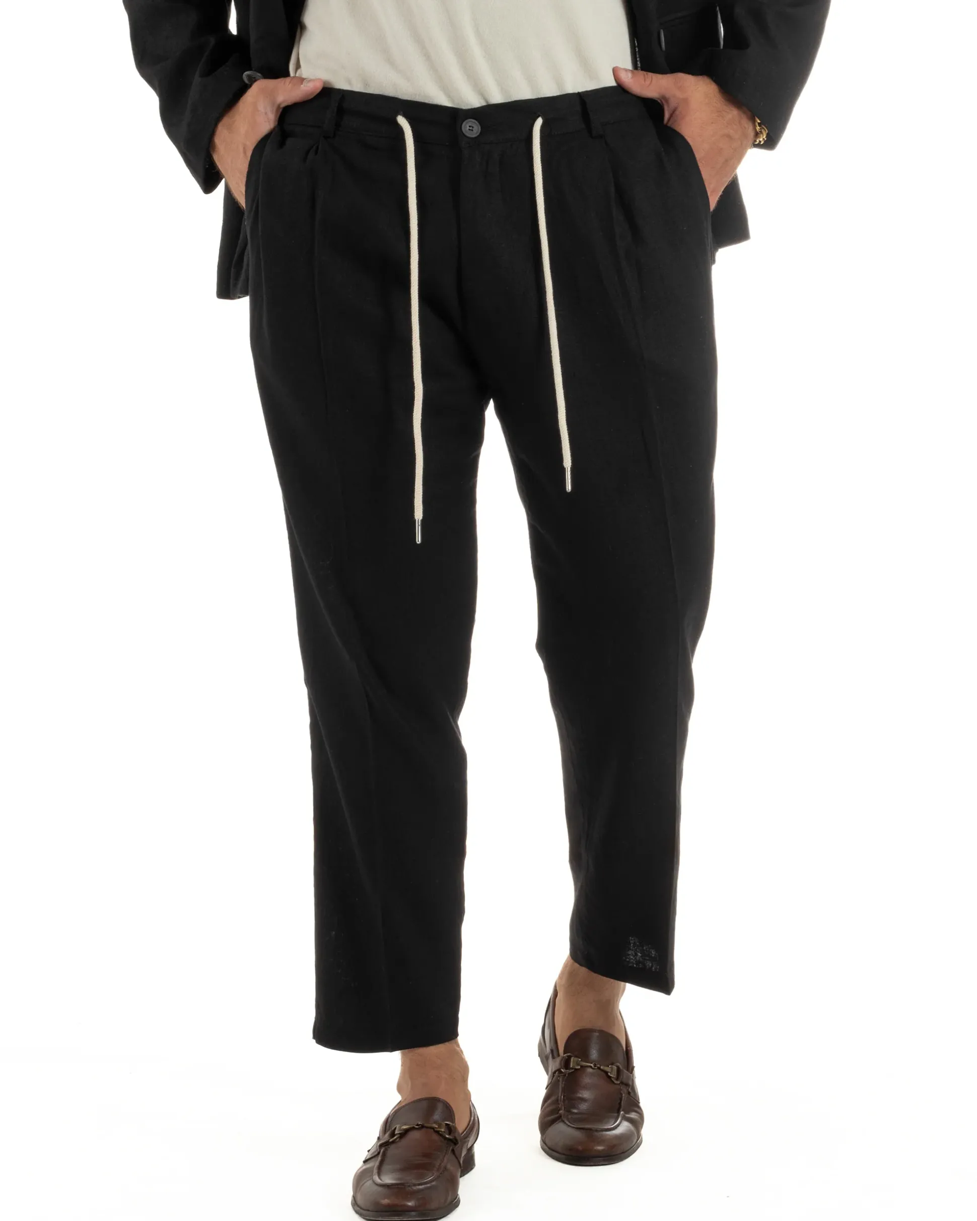 Abito uomo lino vestito giacca doppiopetto 2 bottoni scollo v pantaloni laccio nero GIOSAL-OU2521A