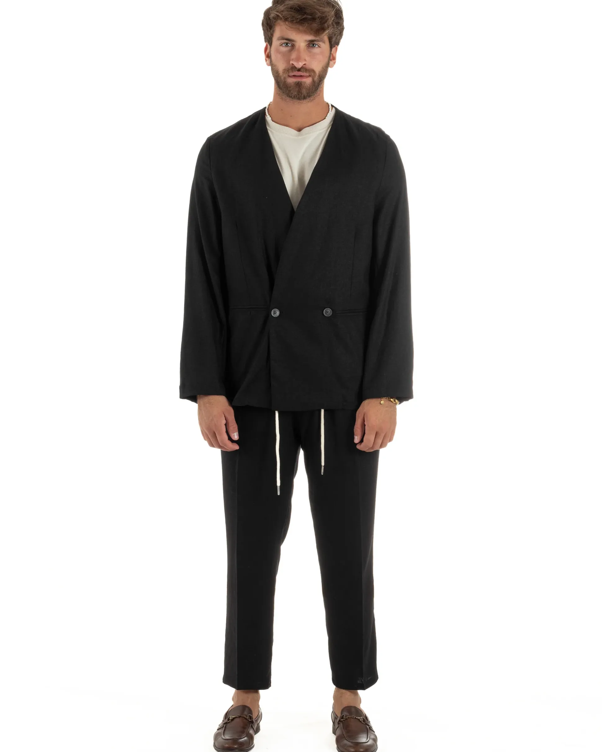 Abito uomo lino vestito giacca doppiopetto 2 bottoni scollo v pantaloni laccio nero GIOSAL-OU2521A