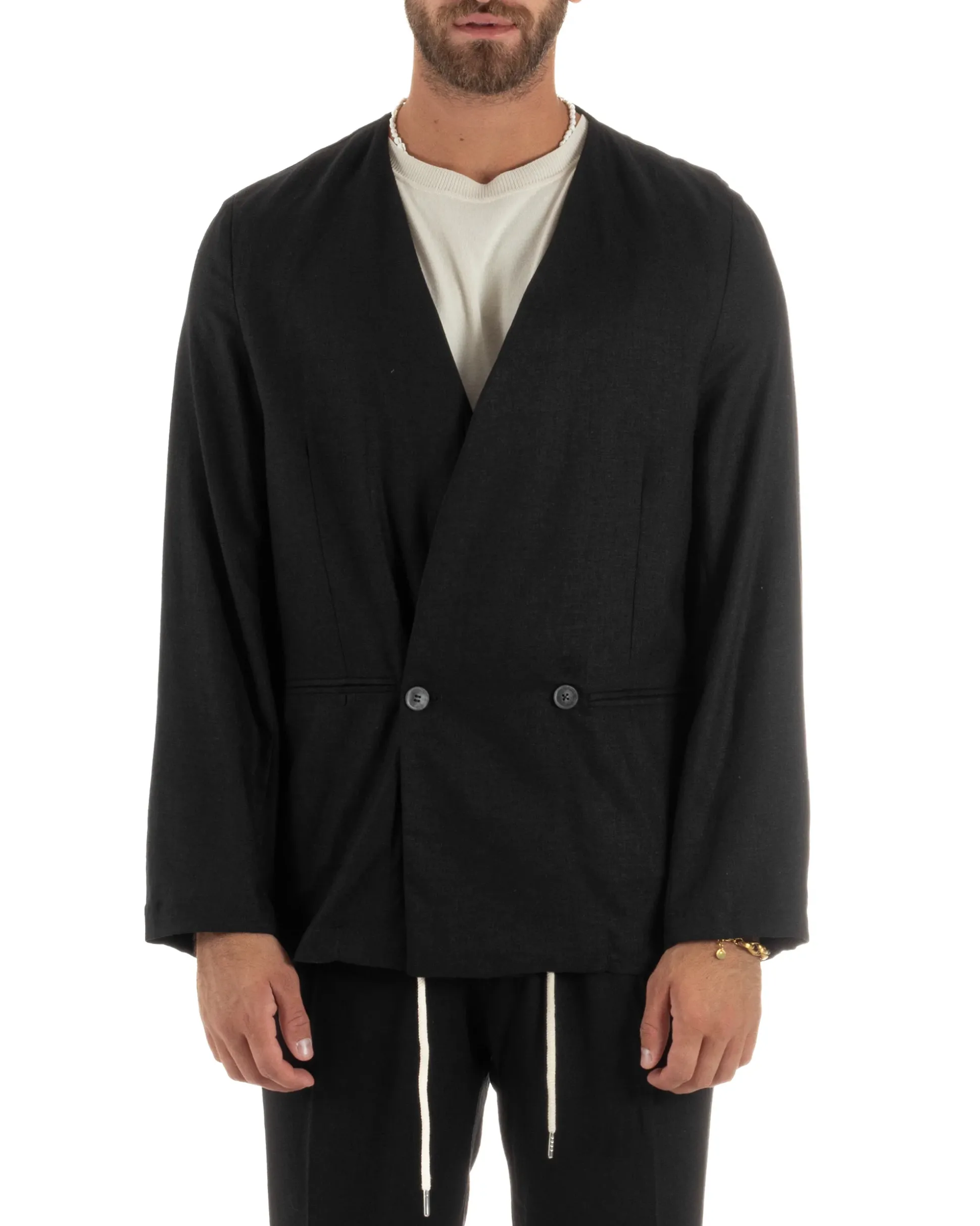 Abito uomo lino vestito giacca doppiopetto 2 bottoni scollo v pantaloni laccio nero GIOSAL-OU2521A