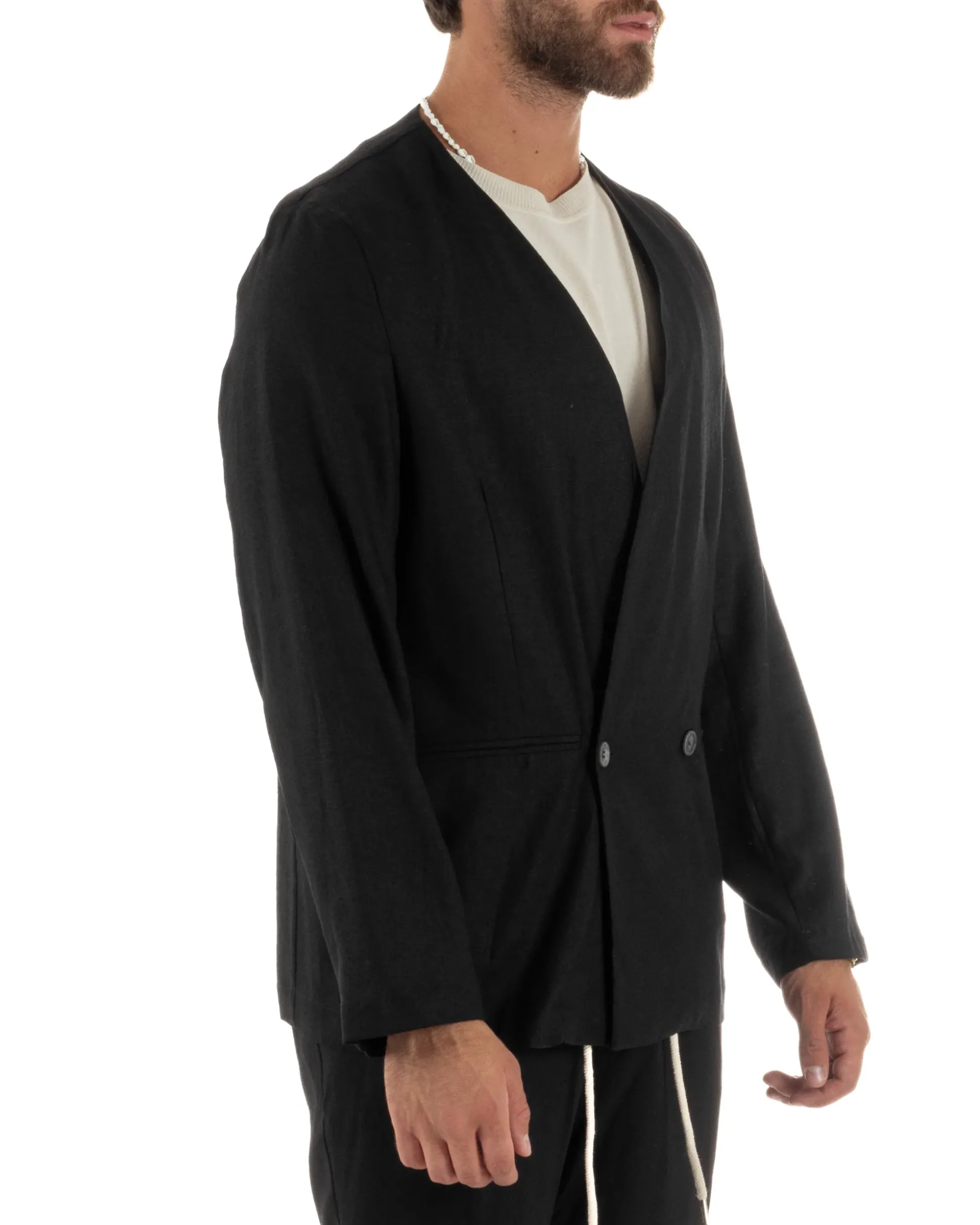 Abito uomo lino vestito giacca doppiopetto 2 bottoni scollo v pantaloni laccio nero GIOSAL-OU2521A