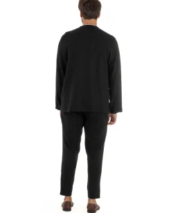 Abito uomo lino vestito giacca doppiopetto 2 bottoni scollo v pantaloni laccio nero GIOSAL-OU2521A