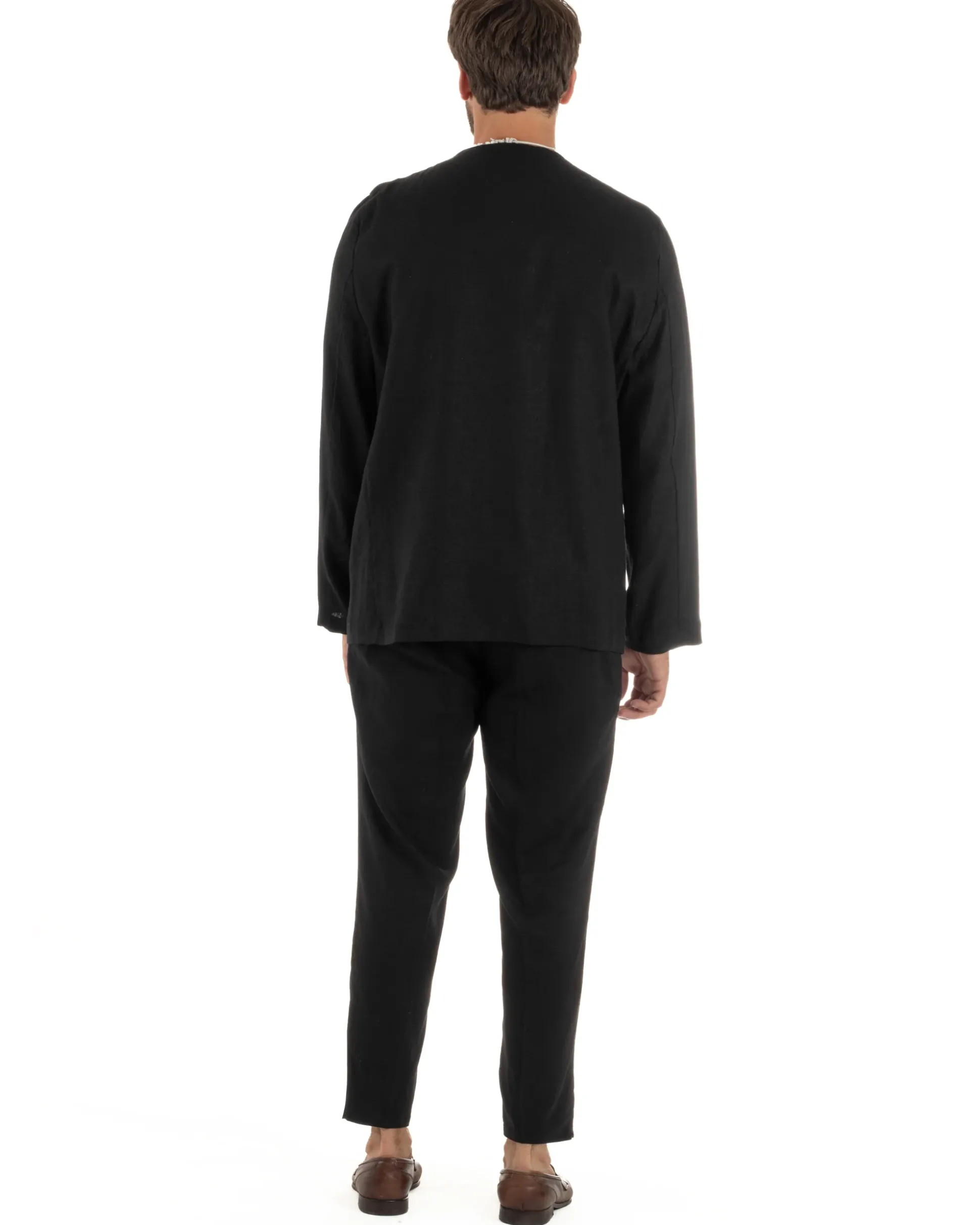 Abito uomo lino vestito giacca doppiopetto 2 bottoni scollo v pantaloni laccio nero GIOSAL-OU2521A