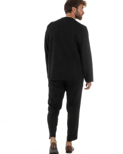 Abito uomo lino vestito giacca doppiopetto 2 bottoni scollo v pantaloni laccio nero GIOSAL-OU2521A
