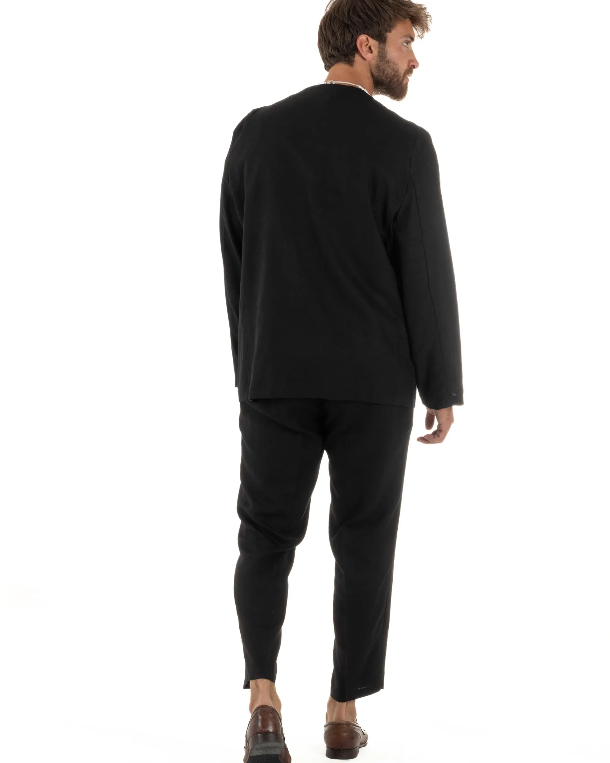 Abito uomo lino vestito giacca doppiopetto 2 bottoni scollo v pantaloni laccio nero GIOSAL-OU2521A