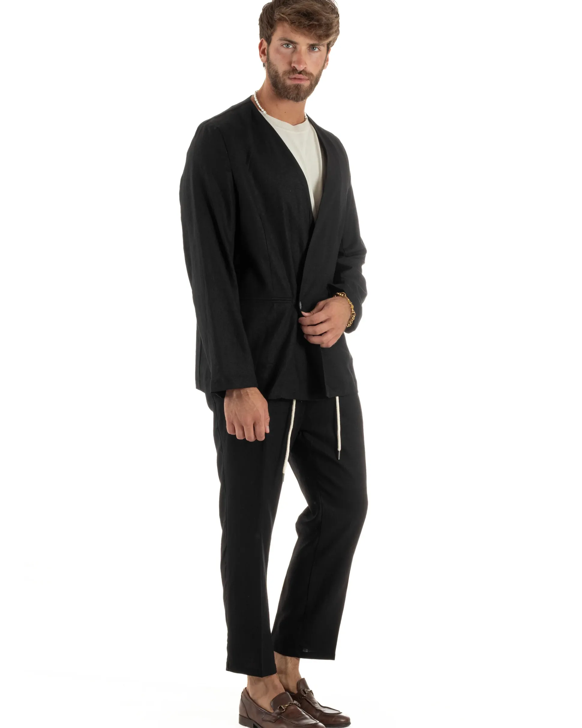 Abito uomo lino vestito giacca doppiopetto 2 bottoni scollo v pantaloni laccio nero GIOSAL-OU2521A