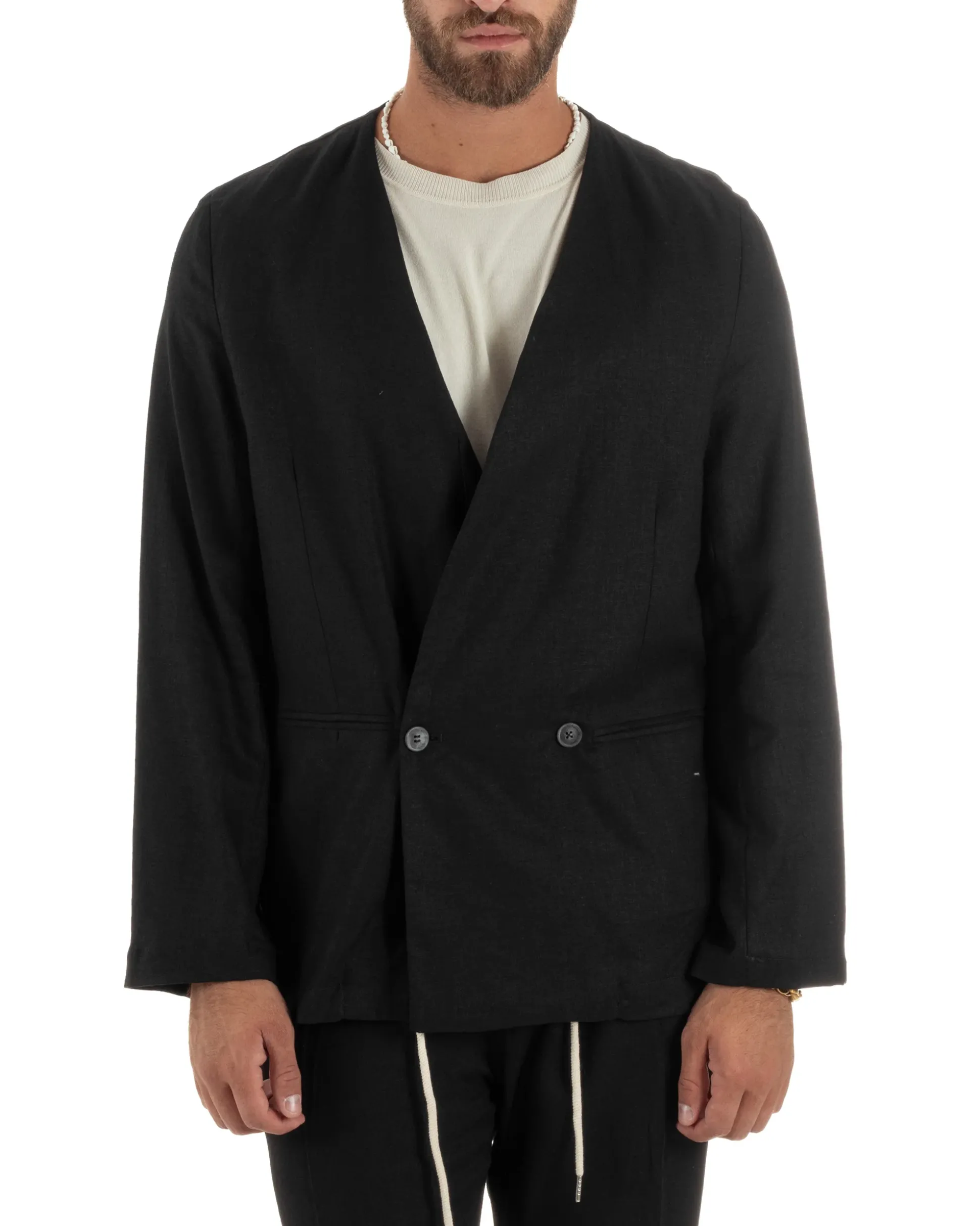 Abito uomo lino vestito giacca doppiopetto 2 bottoni scollo v pantaloni laccio nero GIOSAL-OU2521A