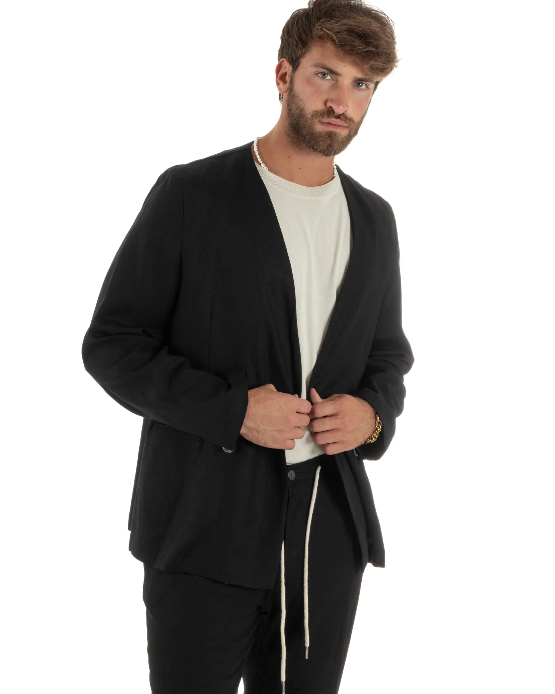 Abito uomo lino vestito giacca doppiopetto 2 bottoni scollo v pantaloni laccio nero GIOSAL-OU2521A