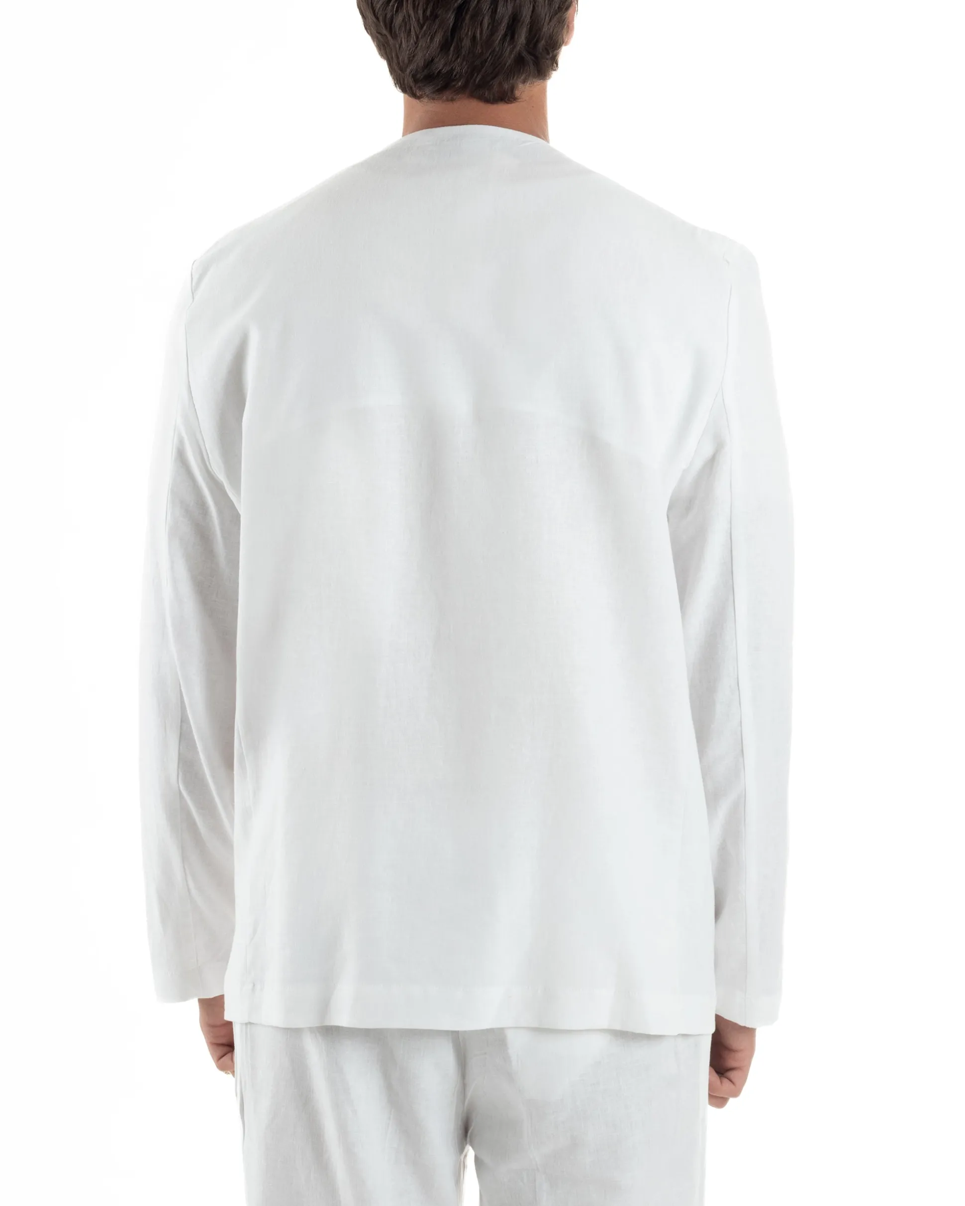 Abito uomo lino vestito giacca doppiopetto 2 bottoni scollo v pantaloni laccio bianco GIOSAL-OU2519A
