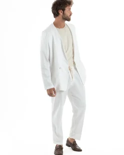 Abito uomo lino vestito giacca doppiopetto 2 bottoni scollo v pantaloni laccio bianco GIOSAL-OU2519A