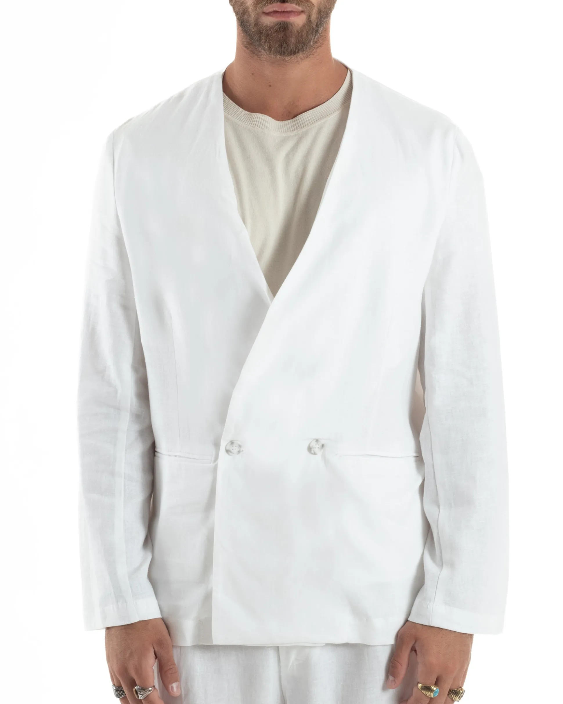 Abito uomo lino vestito giacca doppiopetto 2 bottoni scollo v pantaloni laccio bianco GIOSAL-OU2519A