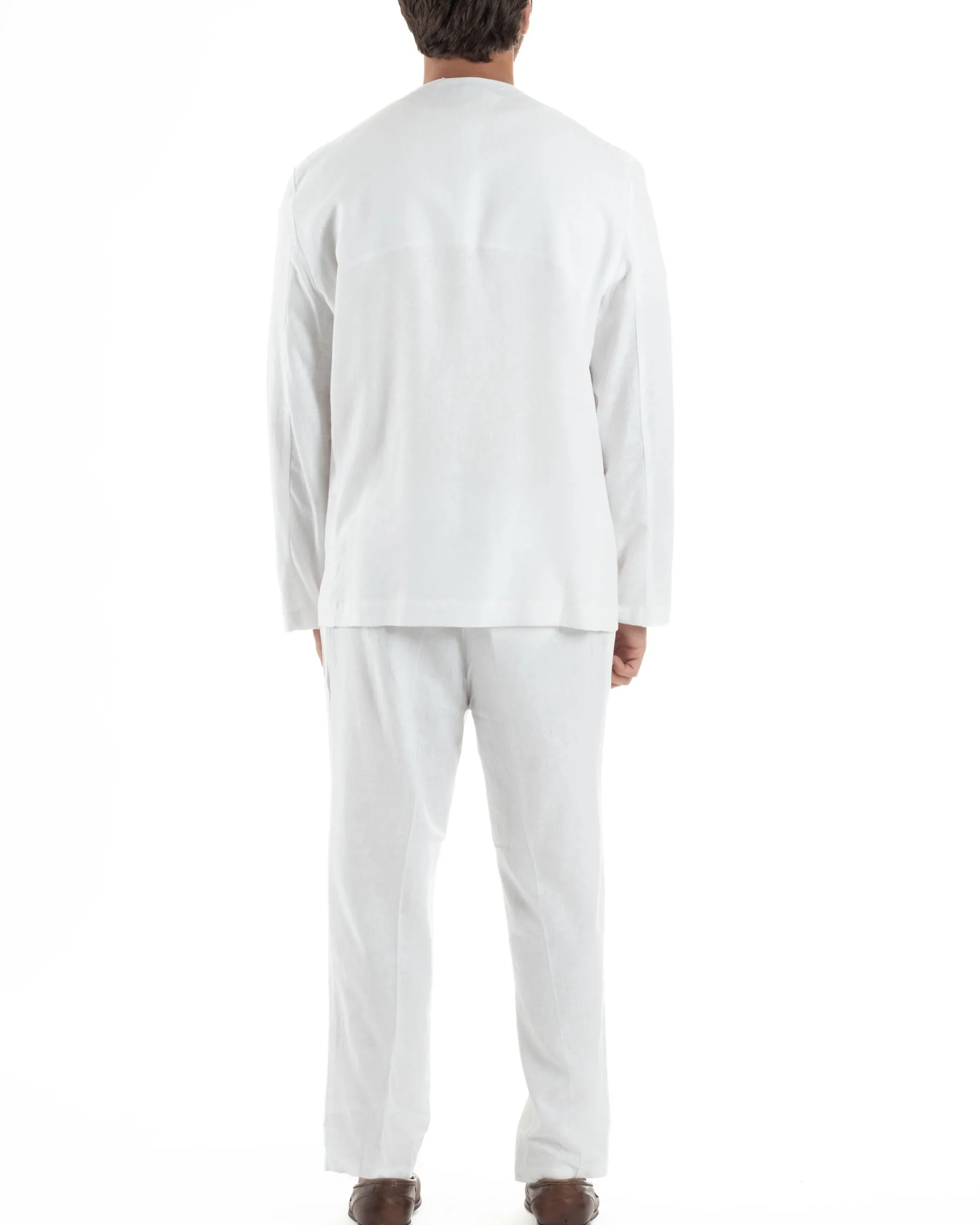 Abito uomo lino vestito giacca doppiopetto 2 bottoni scollo v pantaloni laccio bianco GIOSAL-OU2519A