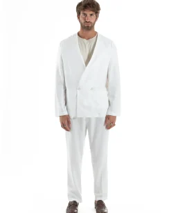 Abito uomo lino vestito giacca doppiopetto 2 bottoni scollo v pantaloni laccio bianco GIOSAL-OU2519A