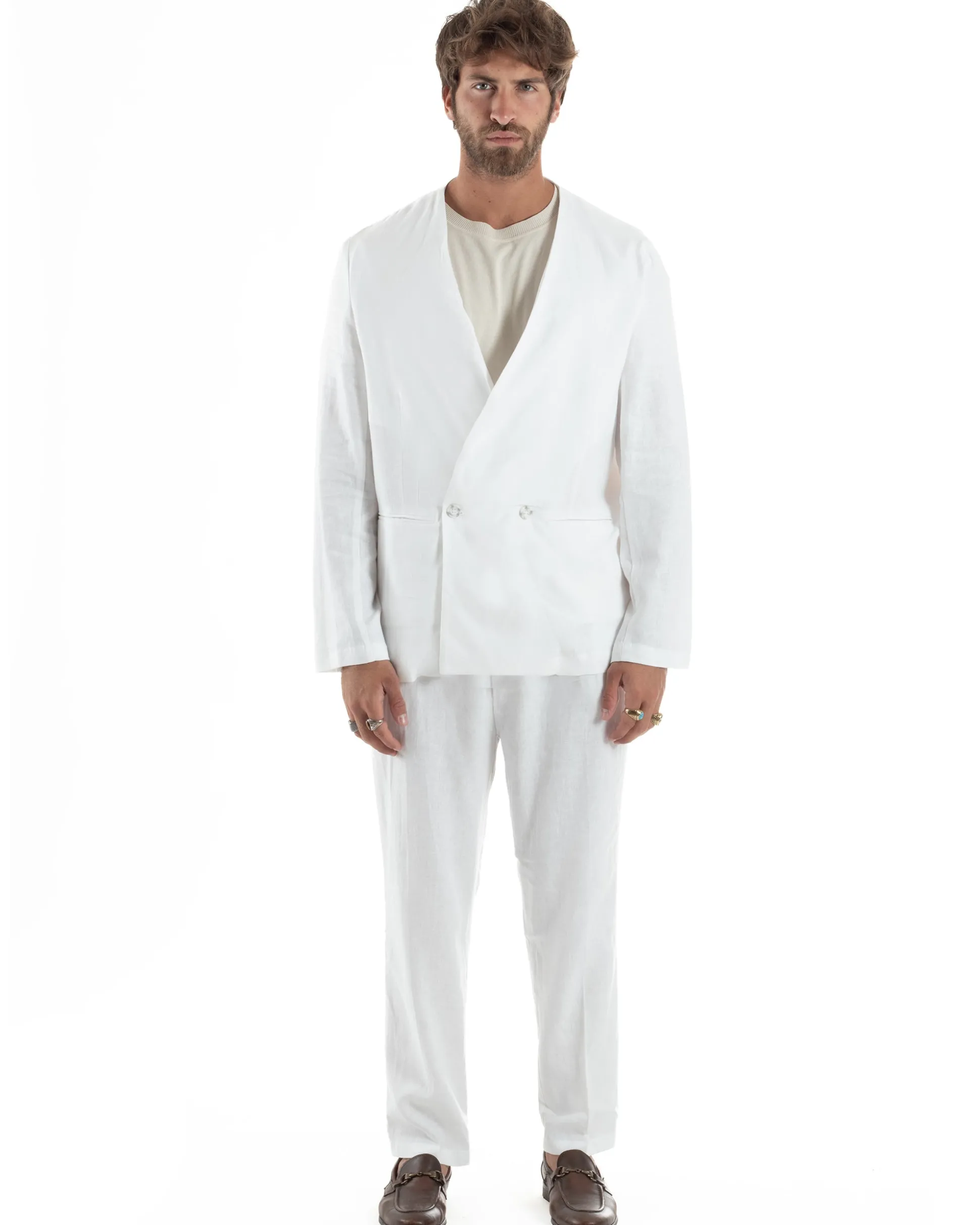 Abito uomo lino vestito giacca doppiopetto 2 bottoni scollo v pantaloni laccio bianco GIOSAL-OU2519A