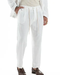 Abito uomo lino vestito giacca doppiopetto 2 bottoni scollo v pantaloni laccio bianco GIOSAL-OU2519A
