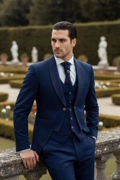 Abito Uomo Monopetto Cerimonia Rever Raso Lucido Vestito 3 Pezzi Panciotto Completo Sposo Panciotto Plastron Blu AE1144A
