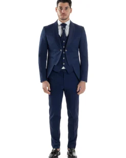 Abito Uomo Monopetto Cerimonia Rever Raso Lucido Vestito 3 Pezzi Panciotto Completo Sposo Panciotto Plastron Blu AE1144A